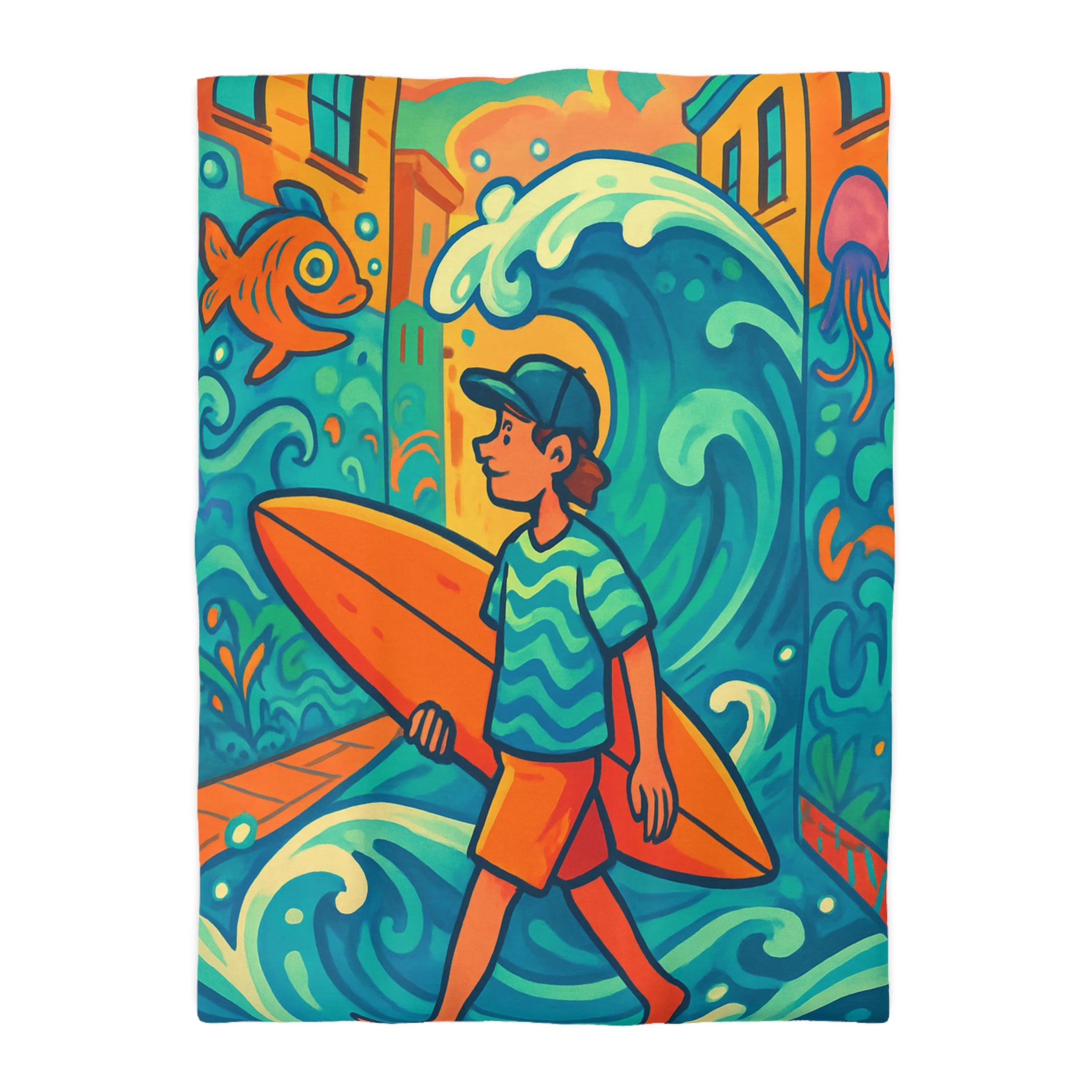 Housse de Couette Vibrante pour Surfeurs Mélangeant Art Surréaliste et Exploration Urbaine