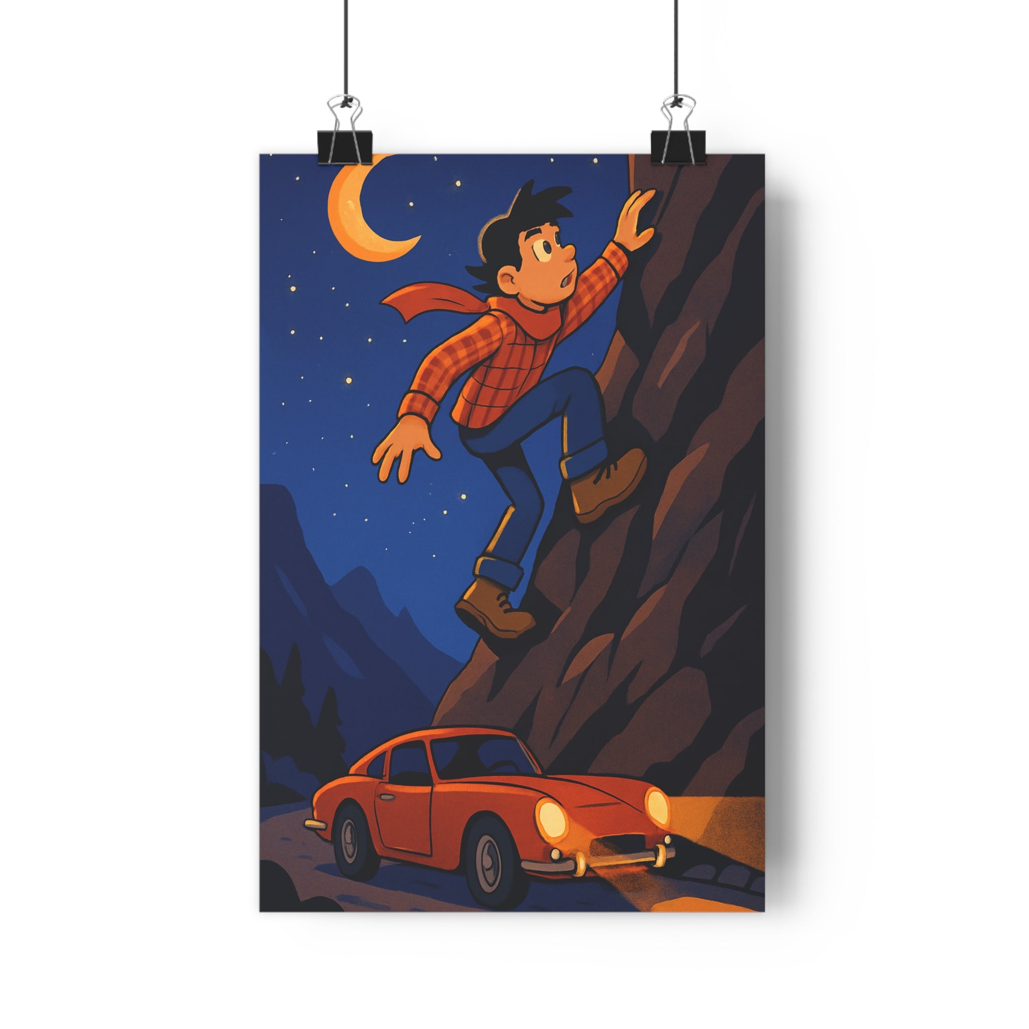 Poster décoratif aventurier montagne ciel étoilé orange rouge cartoon aventure bureau nocturne vibrant qualité