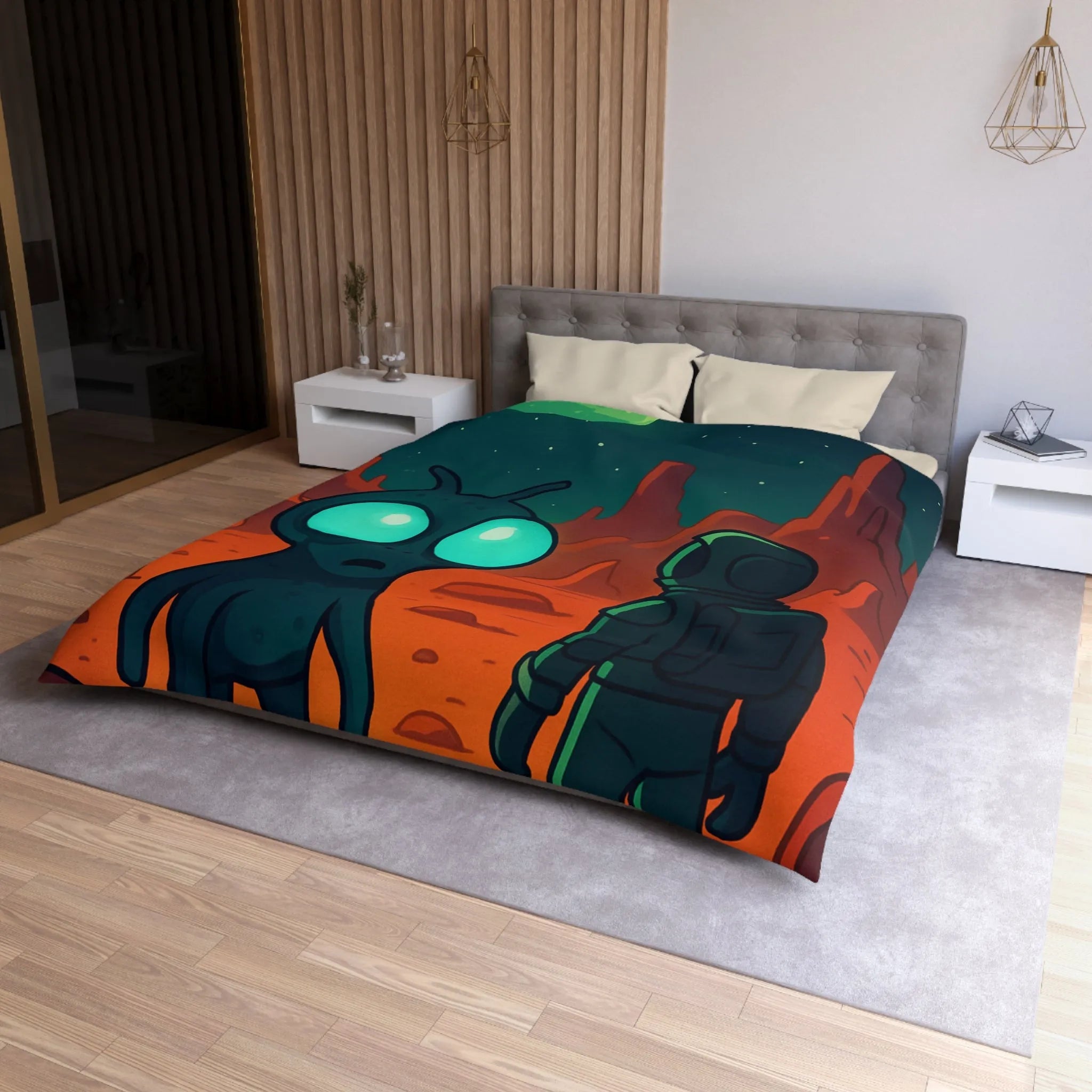 Housse de couette extraterrestre et astronaute sur fond de paysage lunaire mythique