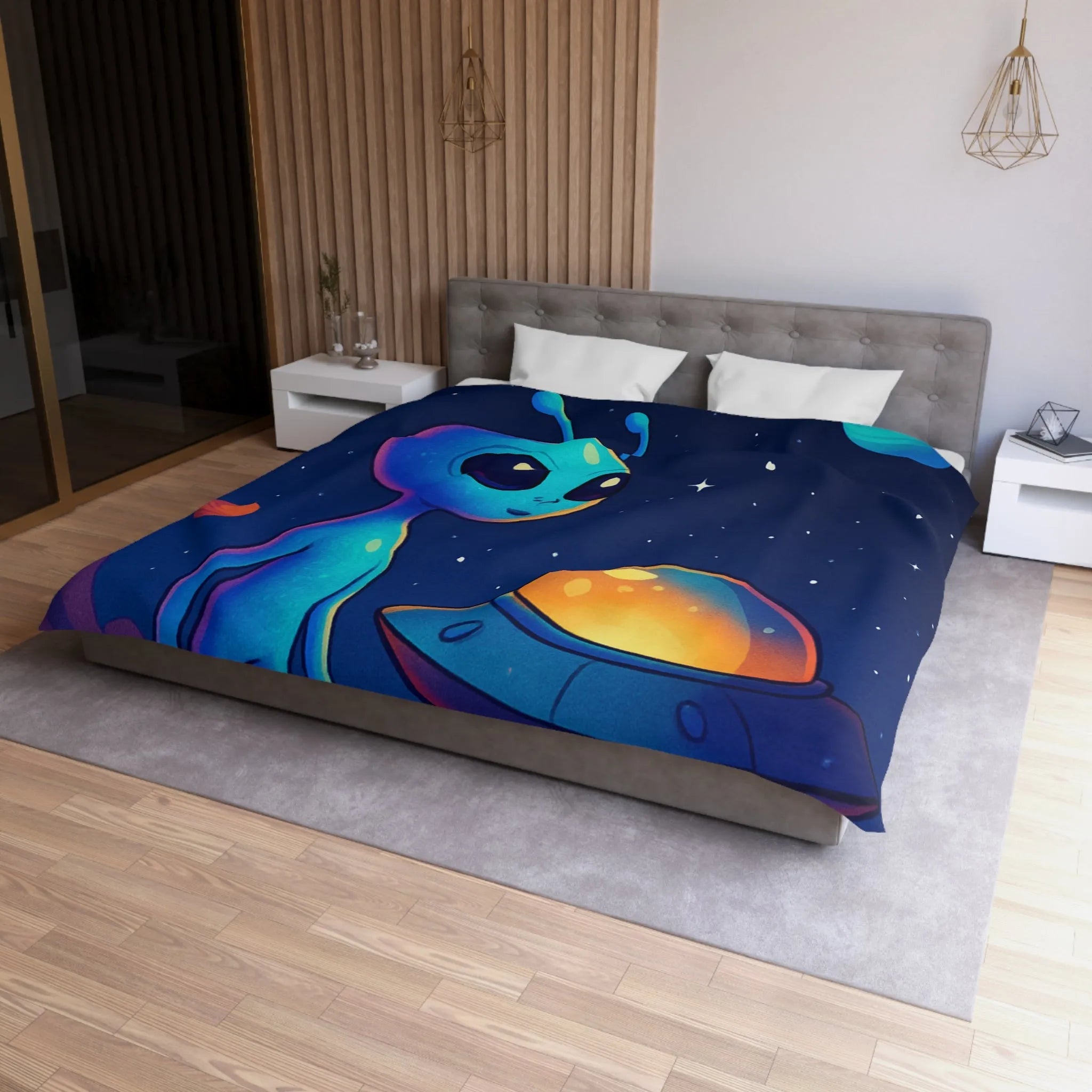 Housse de couette avec motif adorable de petit extraterrestre bleu et soucoupe volante