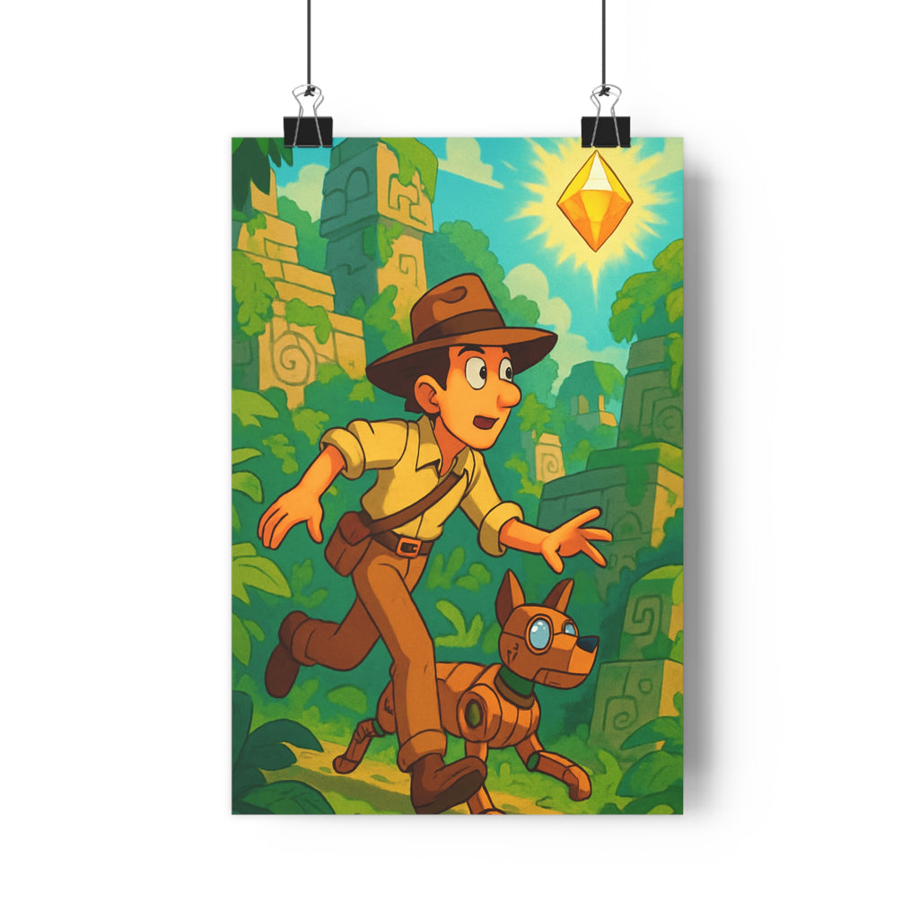 Poster décoratif aventure vert jungle mystique explorateur cristal salon chambre moderne vibrant qualité luxuriante