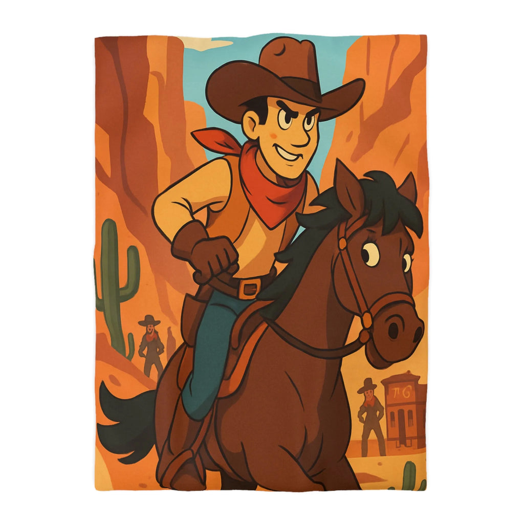 Housse de couette avec cavalier de dessin animé dans paysage désertique occidental