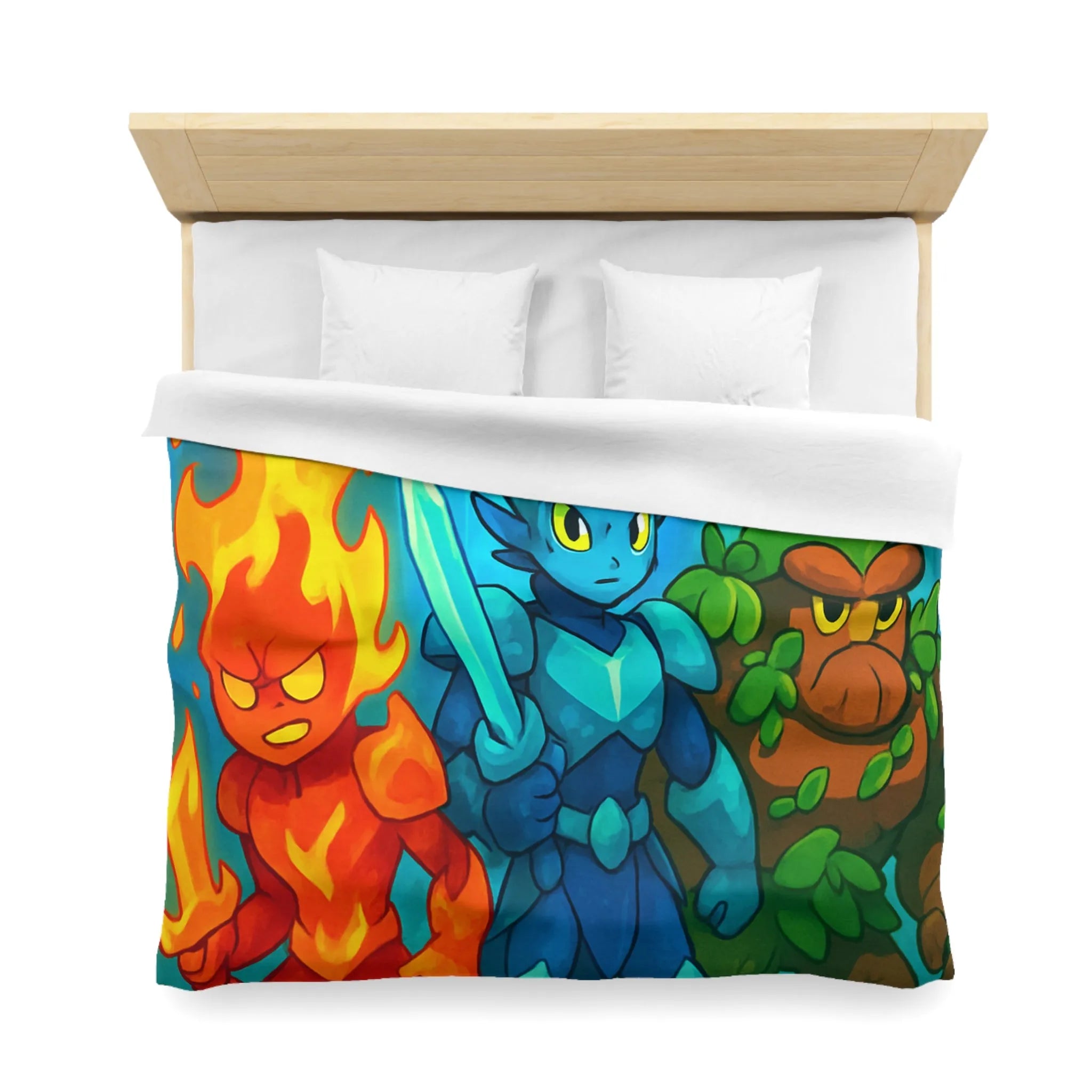 Housse de couette avec personnages élémentaires : feu, glace et terre, ambiance fantastique