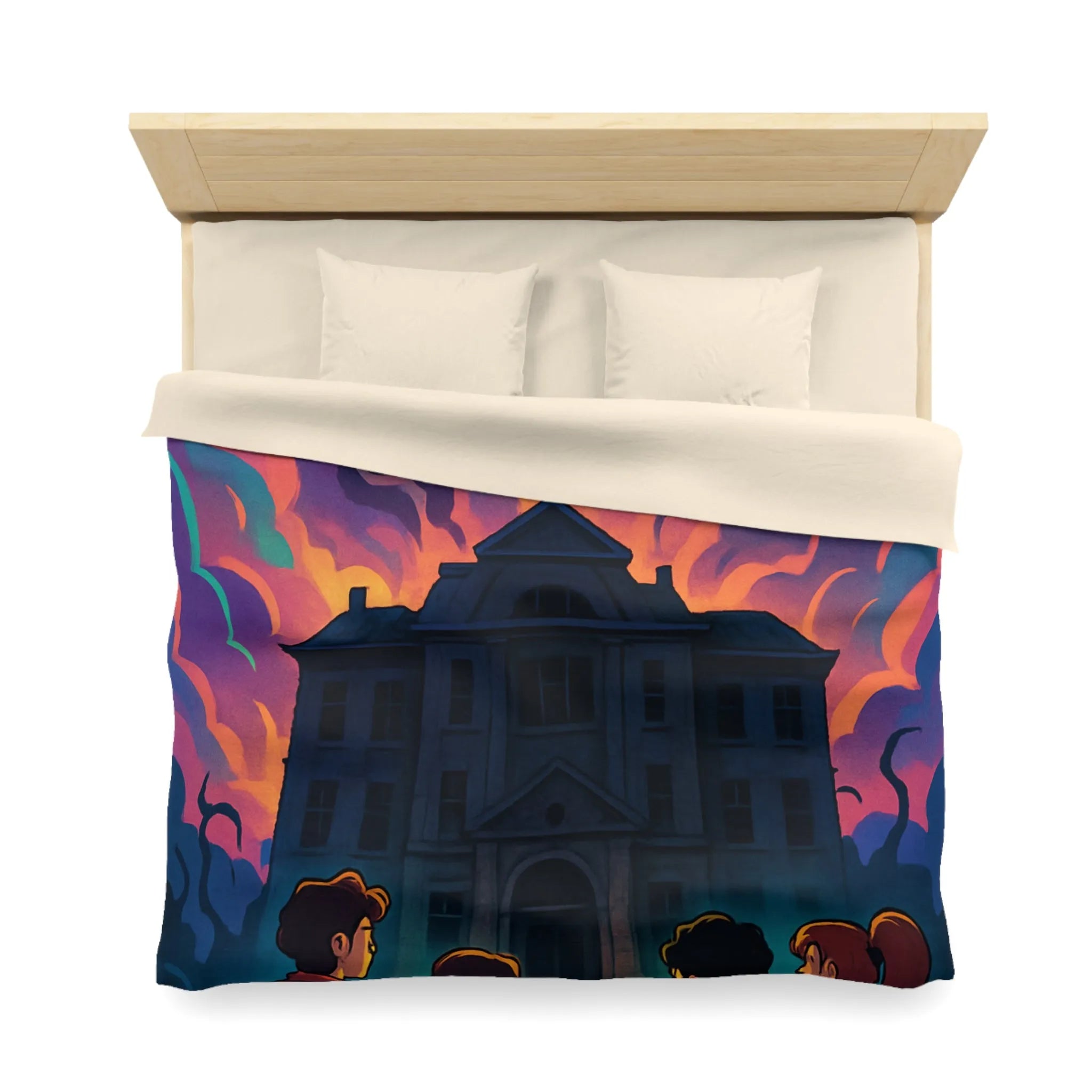 Housse de couette colorée avec maison hantée et nuages effrayants pour chambre inspirée