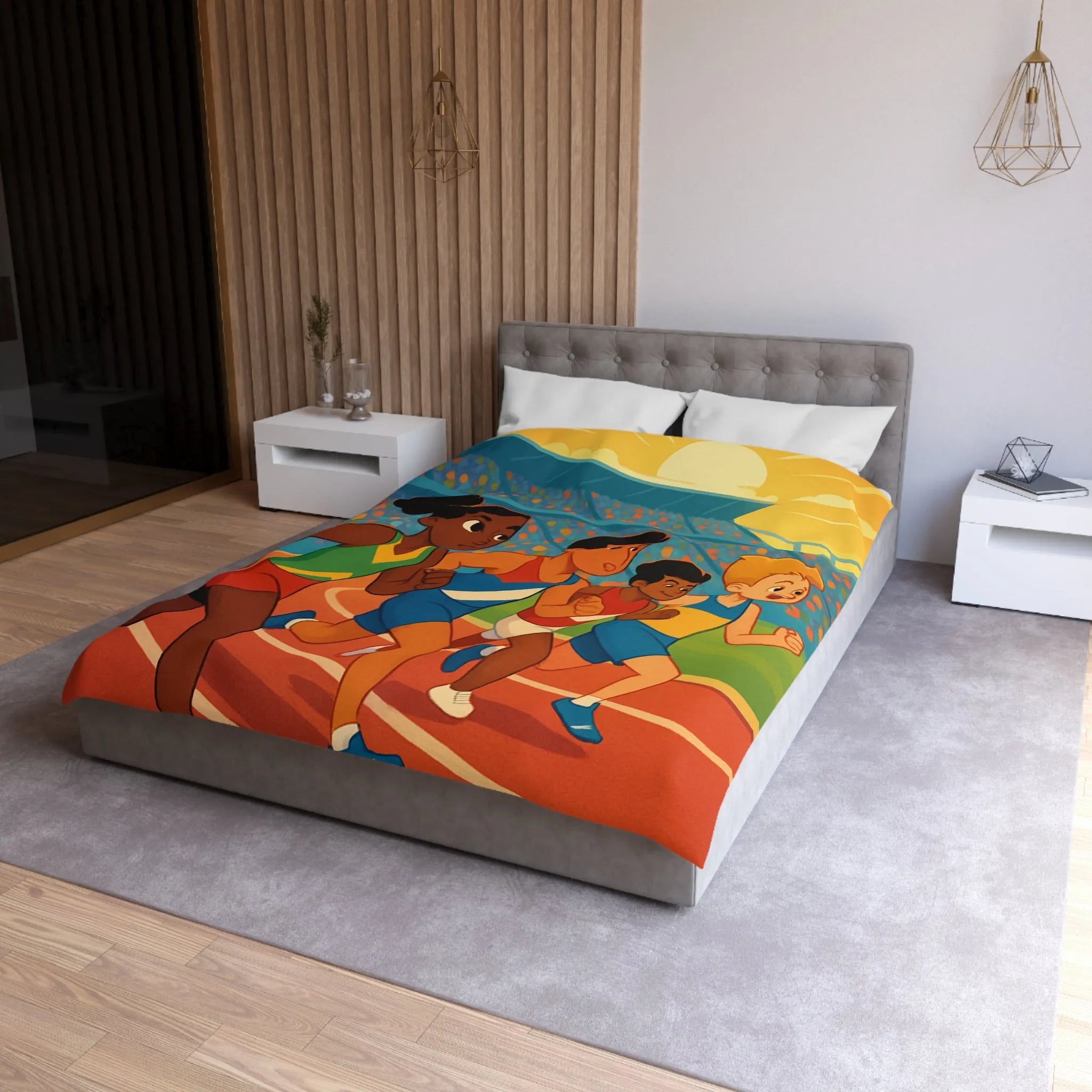 Housse de couette illustrée course d’athlétisme enfants vibrant soleil dynamique