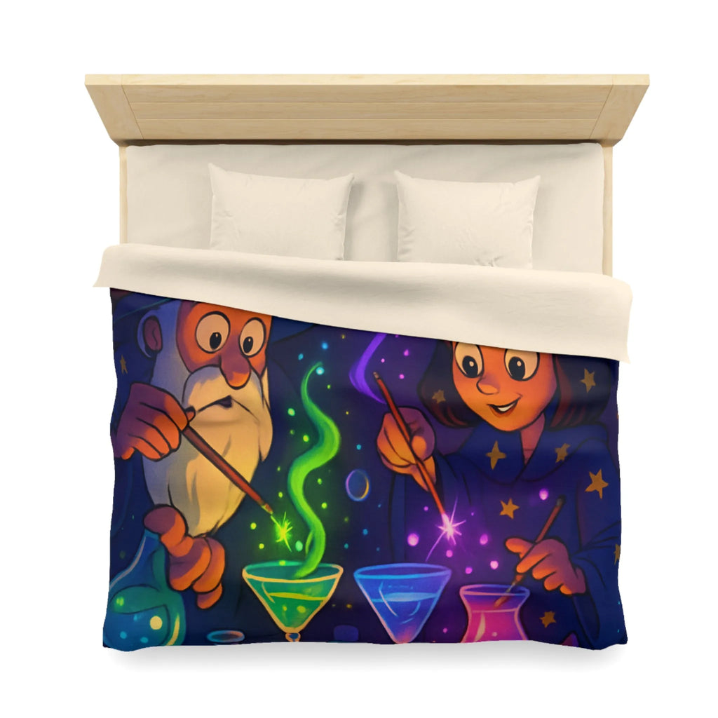 Housse de couette magique avec sorciers et potions dans un atelier enchanteur