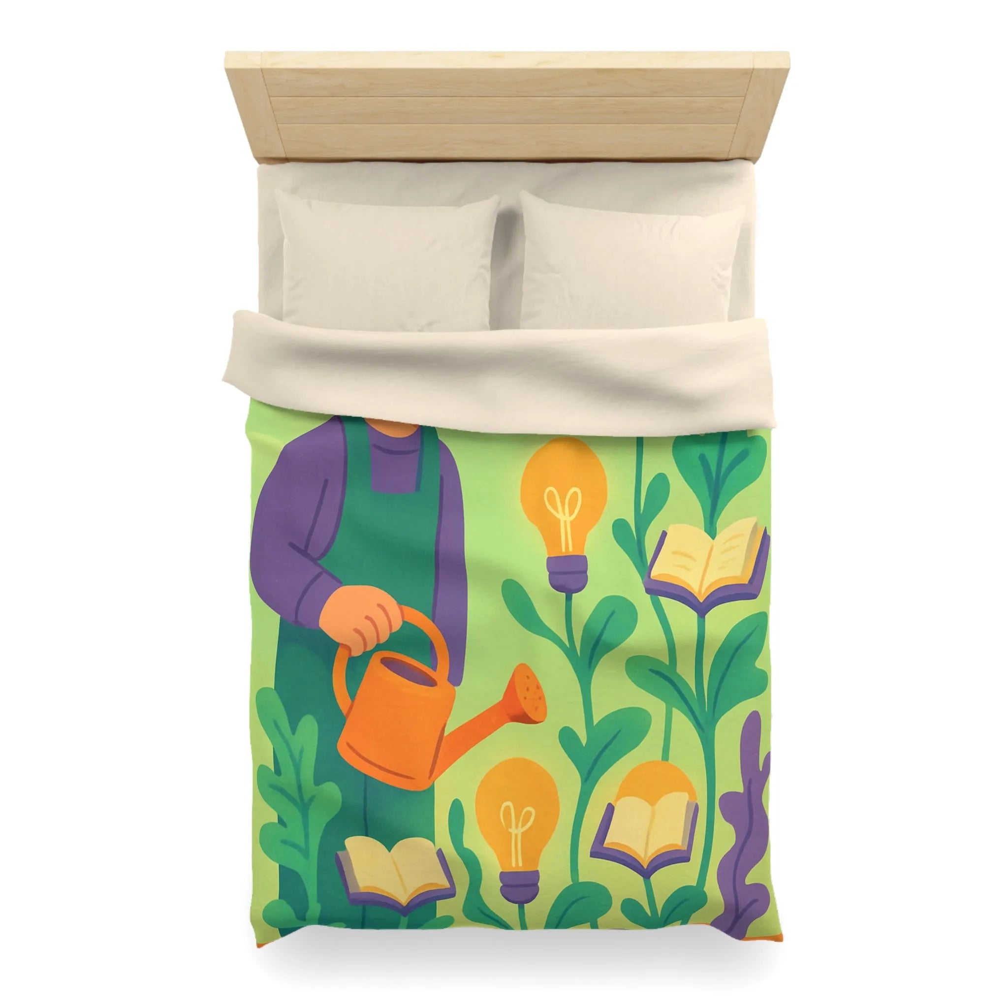 Housse de couette colorée avec jardinier arrosant plantes livres et ampoules