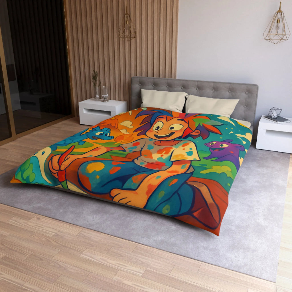 Housse de couette colorée illustrée avec enfant créatif et créatures fantastiques joyeuses