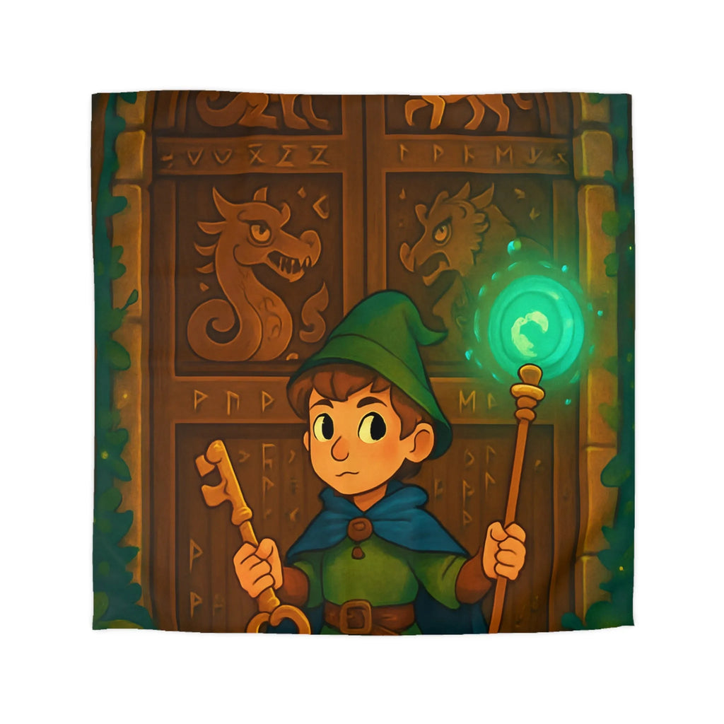 Housse de couette avec illustration enchantée de sorcier devant porte mystérieuse boisée