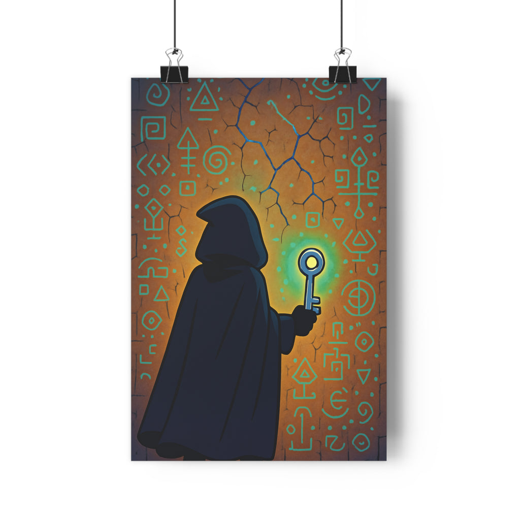 Poster décoratif mystérieux silhouette cape clé lumineuse symboles mystiques mur craquelé cartoon chambre qualité