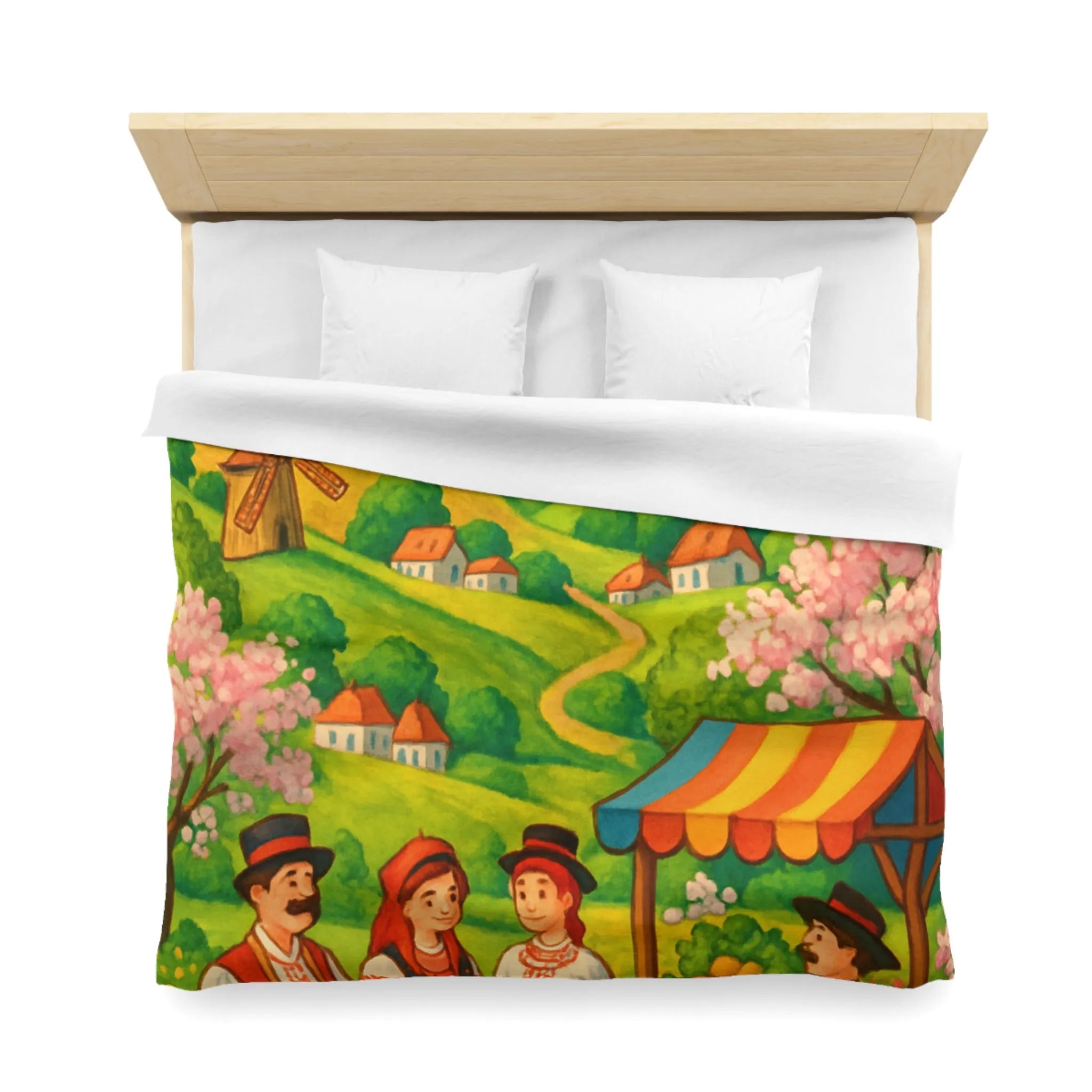 Housse de couette avec village champêtre, moulins et marché aux couleurs vives