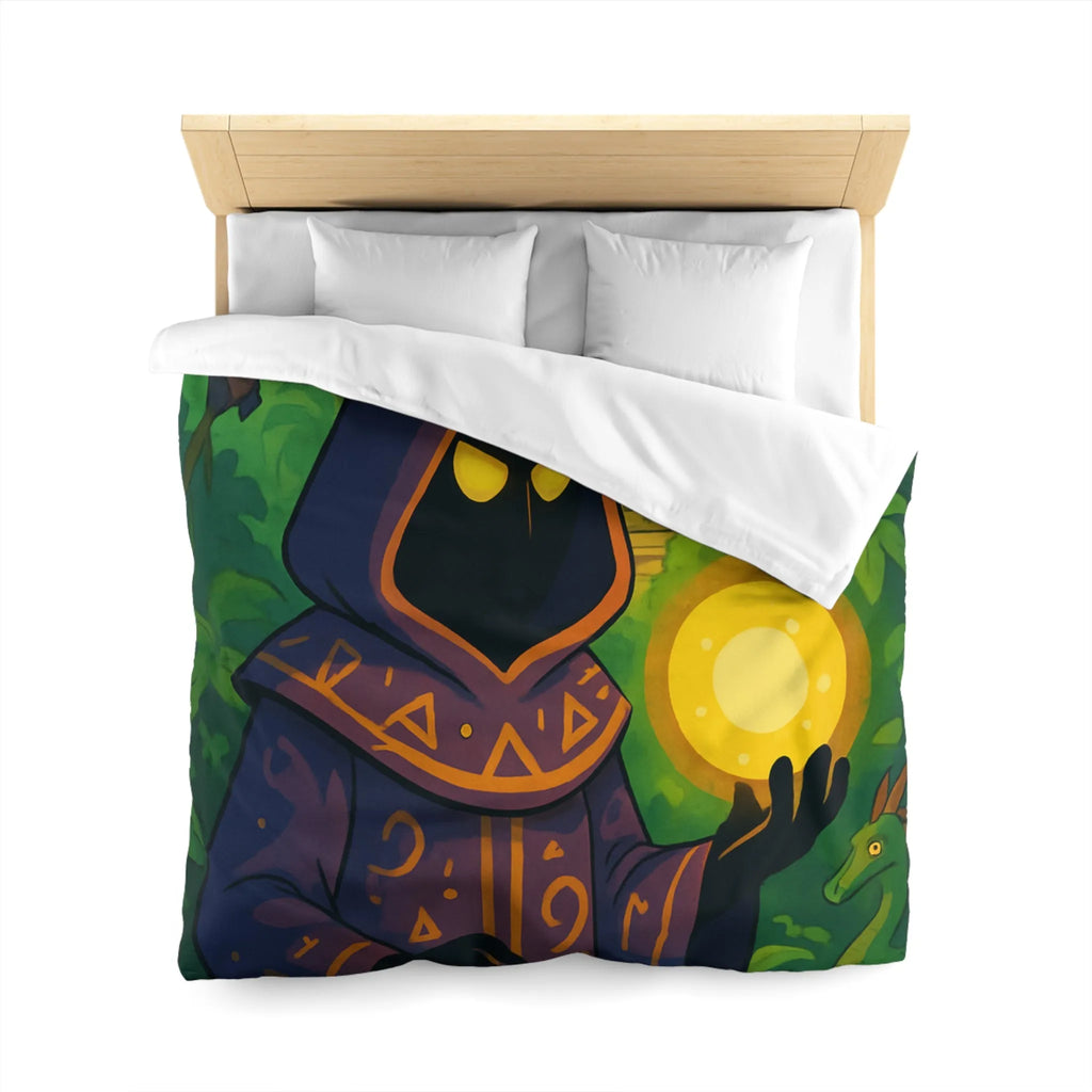 Housse de couette ambiance mystique avec mage sombre dans jungle énigmatique et temple ancien