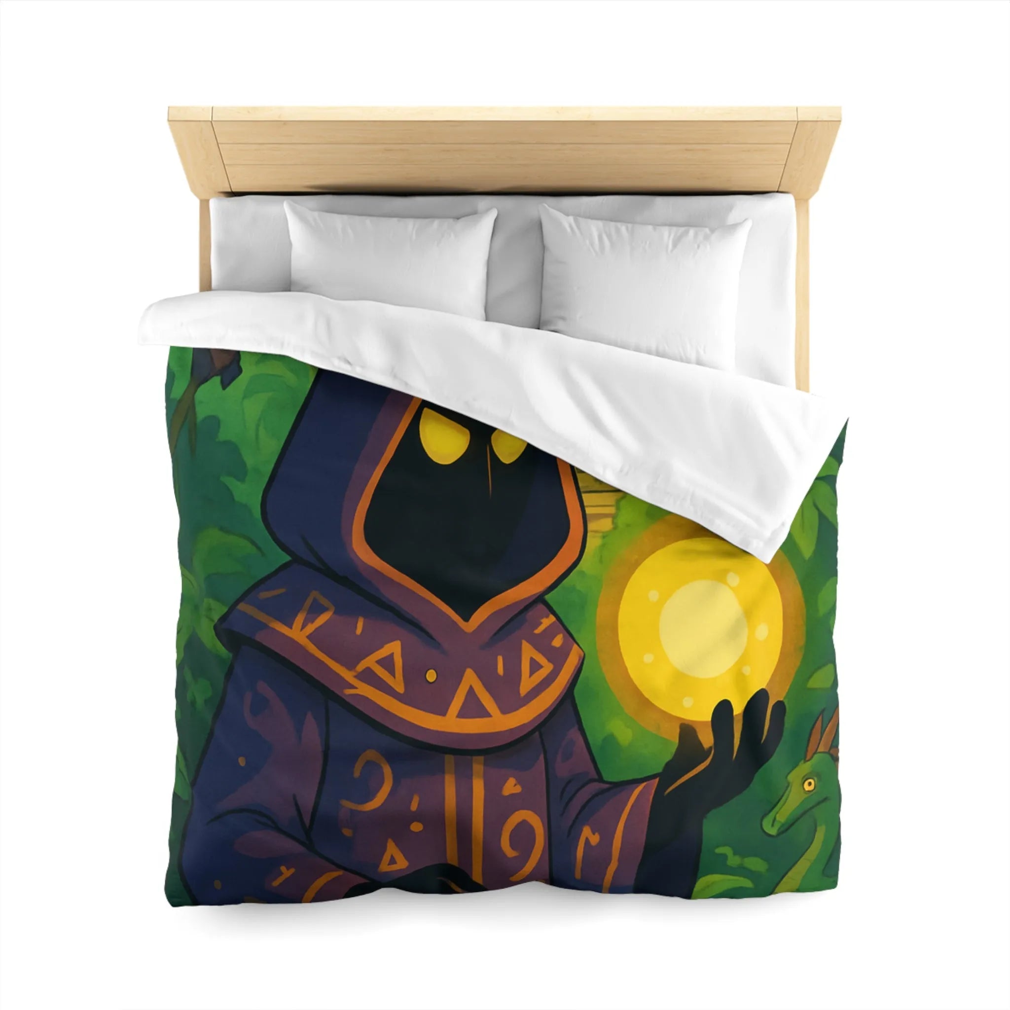 Housse de couette ambiance mystique avec mage sombre dans jungle énigmatique et temple ancien