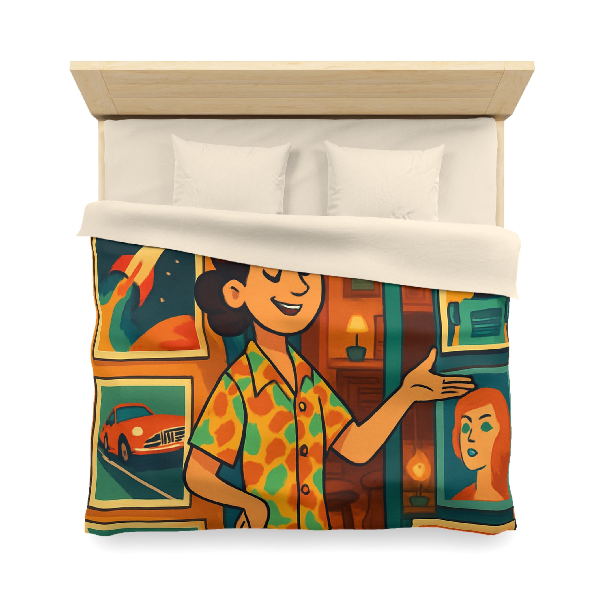 Housse de couette rétro avec illustrations vibrantes, ambiance vintage et design artistique coloré