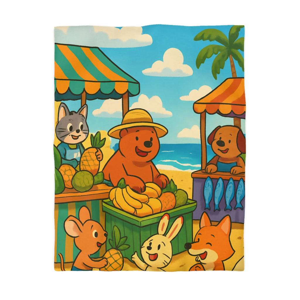 Housse de couette enfant avec animaux mignons sur plage et étals de fruits