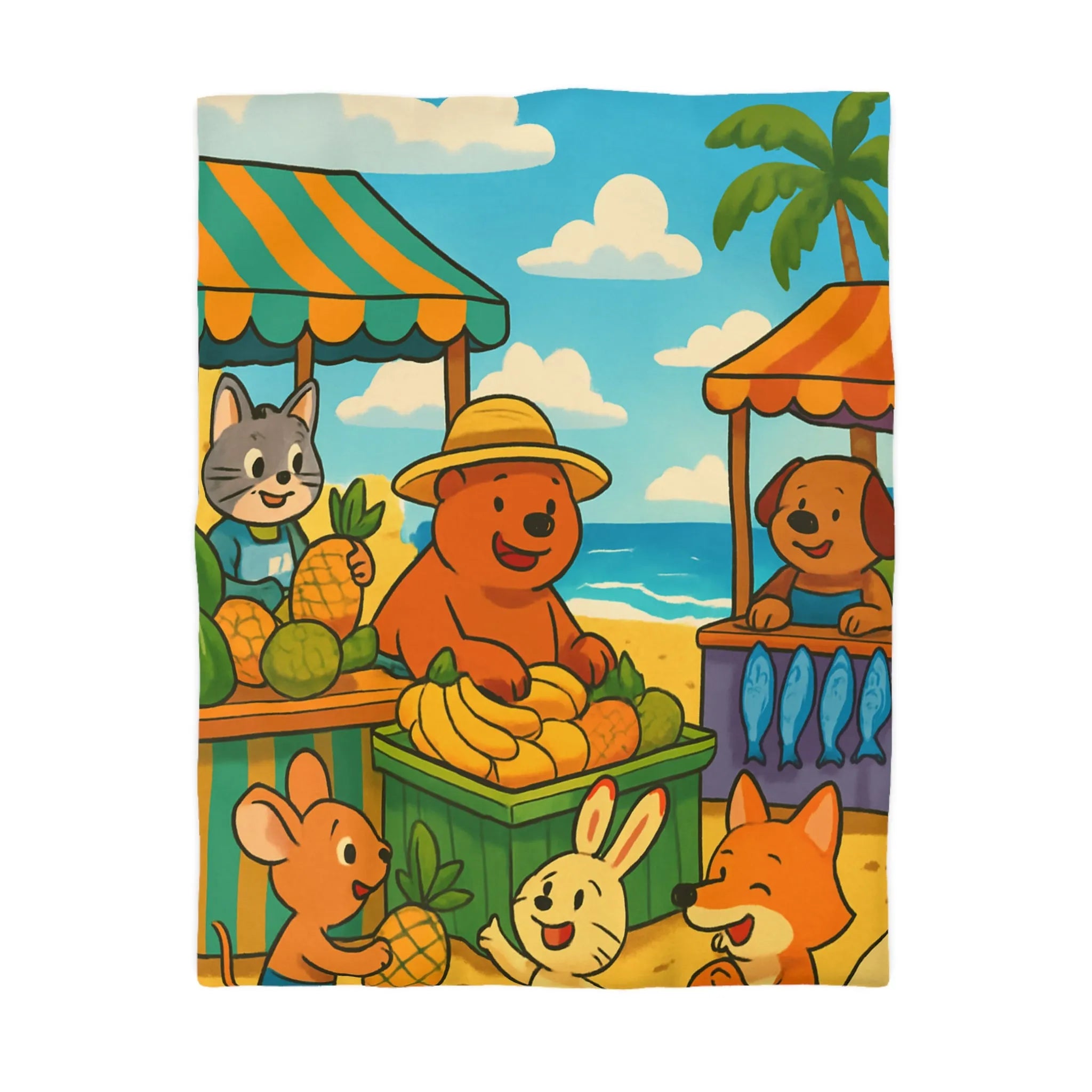 Housse de couette enfant avec animaux mignons sur plage et étals de fruits