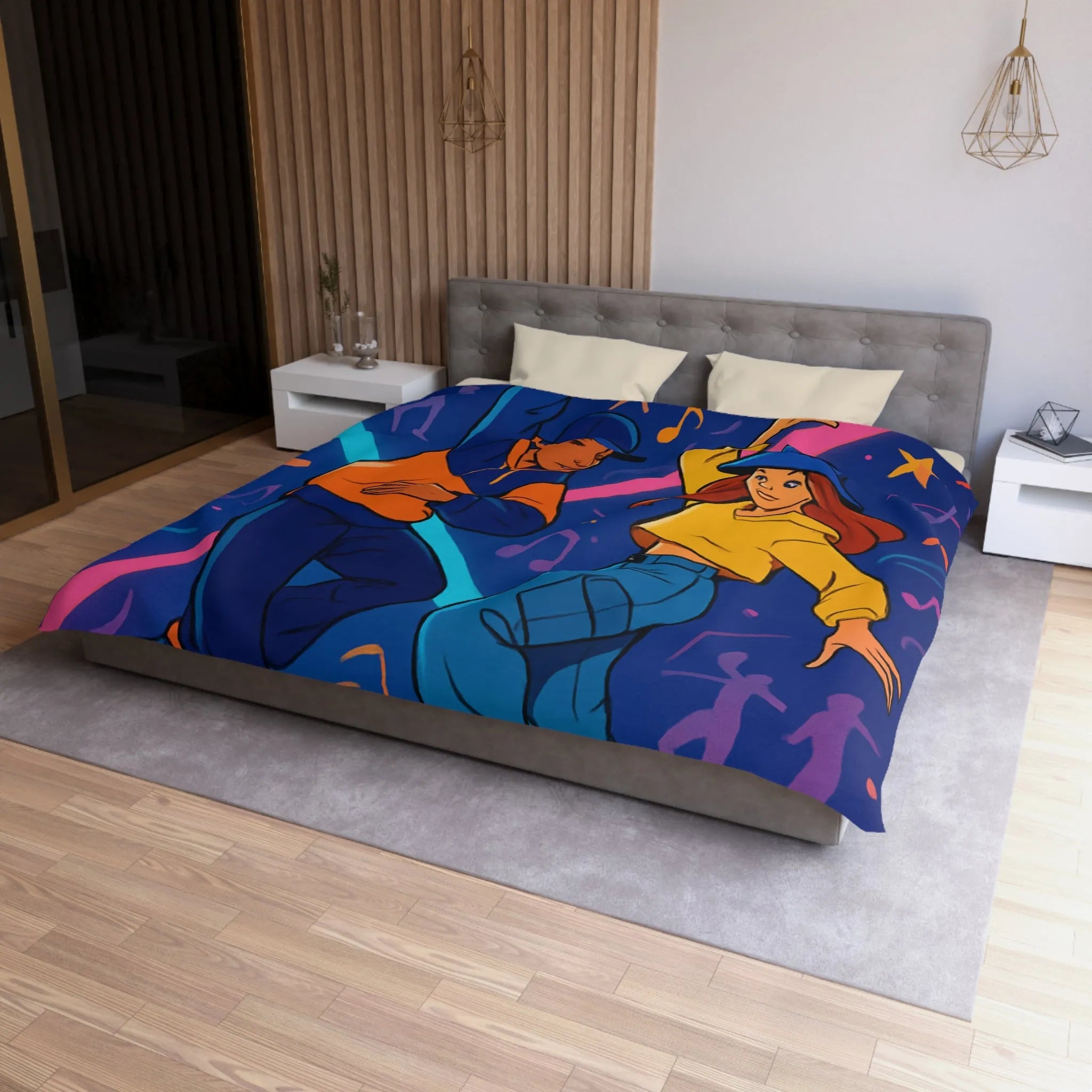 Housse de couette dynamique avec danseurs hip hop sur fond coloré et musical