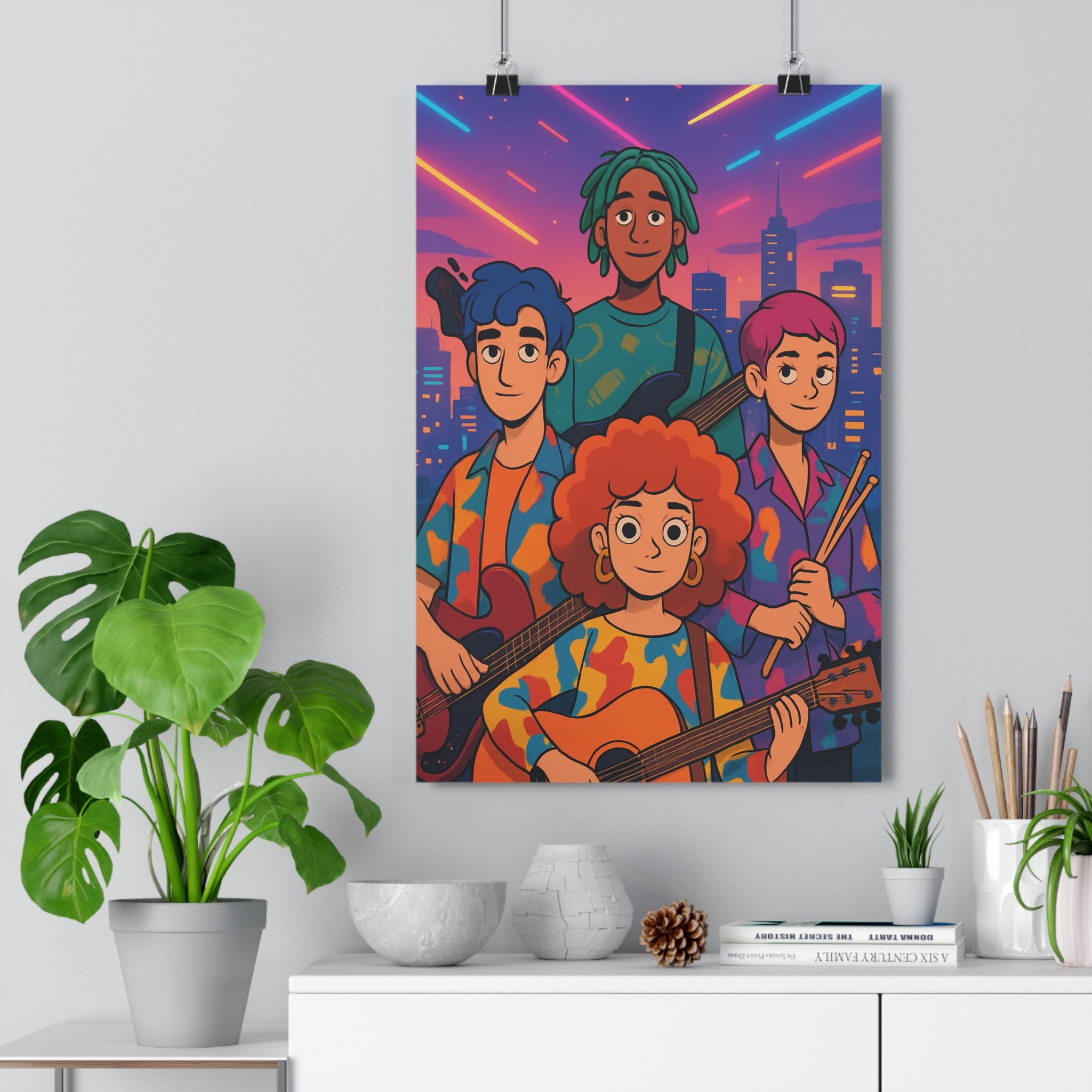 Poster décoratif cartoon néon jeunes rêveurs joyeux dynamique chambre enfant musique couleurs vibrantes guitare