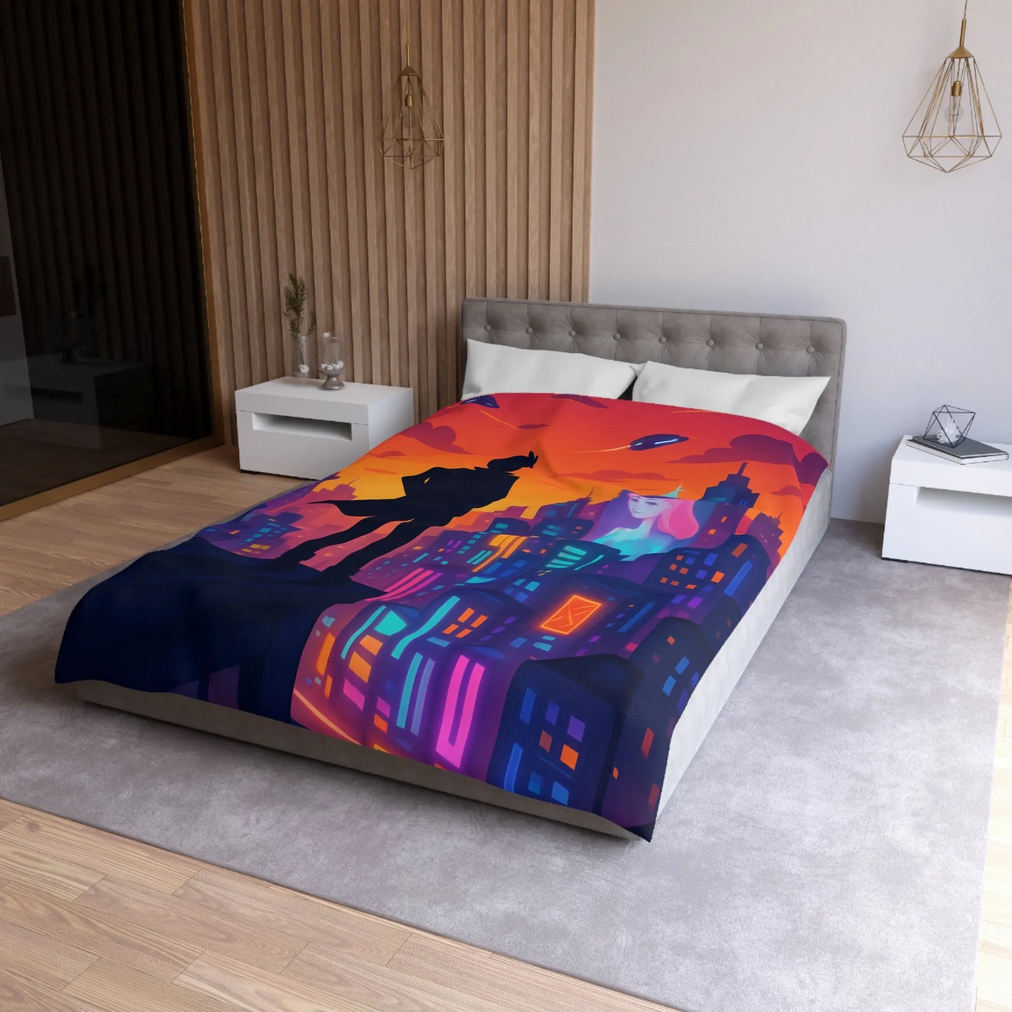 Housse de couette futuriste avec silhouette urbaine et couleurs vibrantes pour chambre moderne