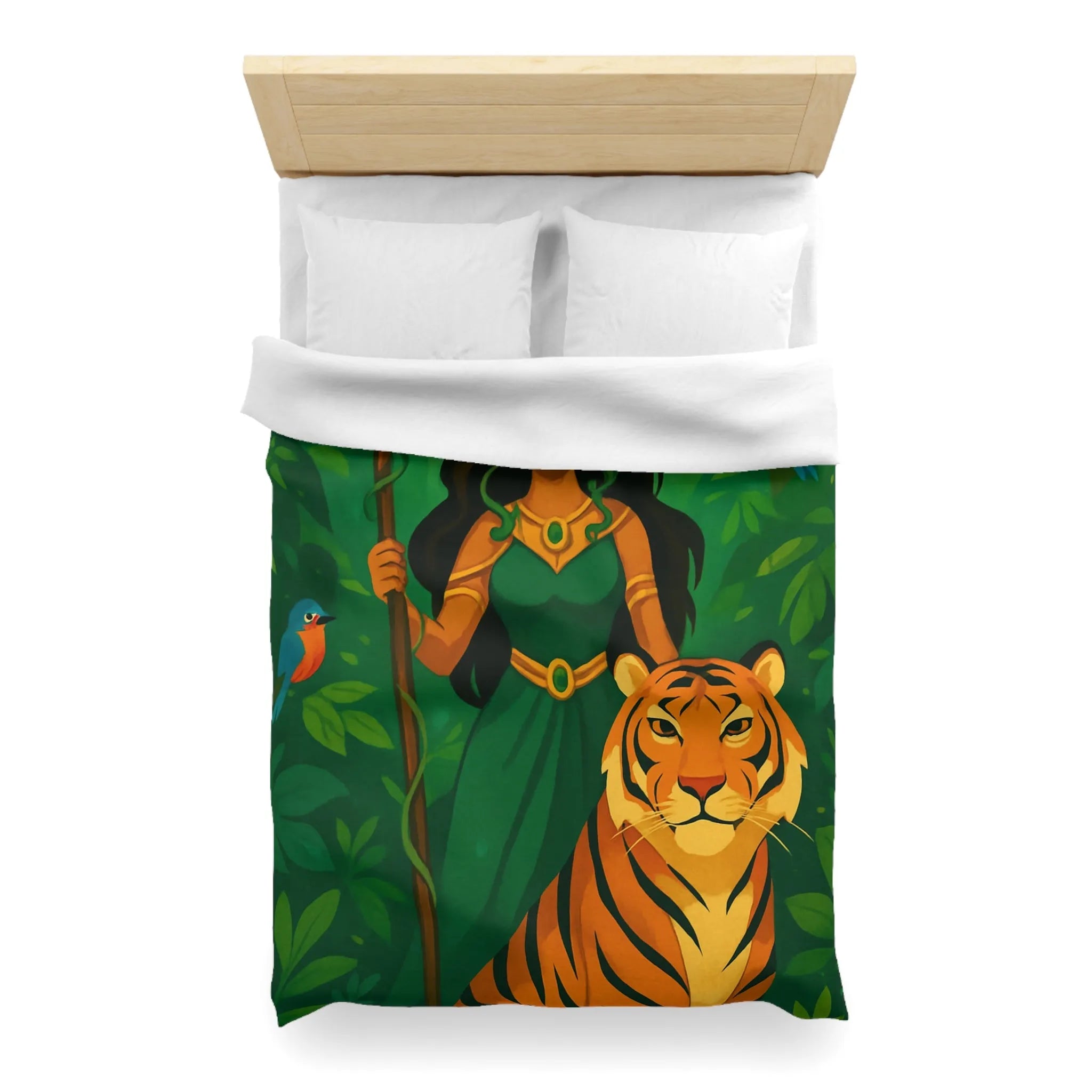 Housse de couette exotique avec tigre royal et gardienne mystique en forêt luxuriante