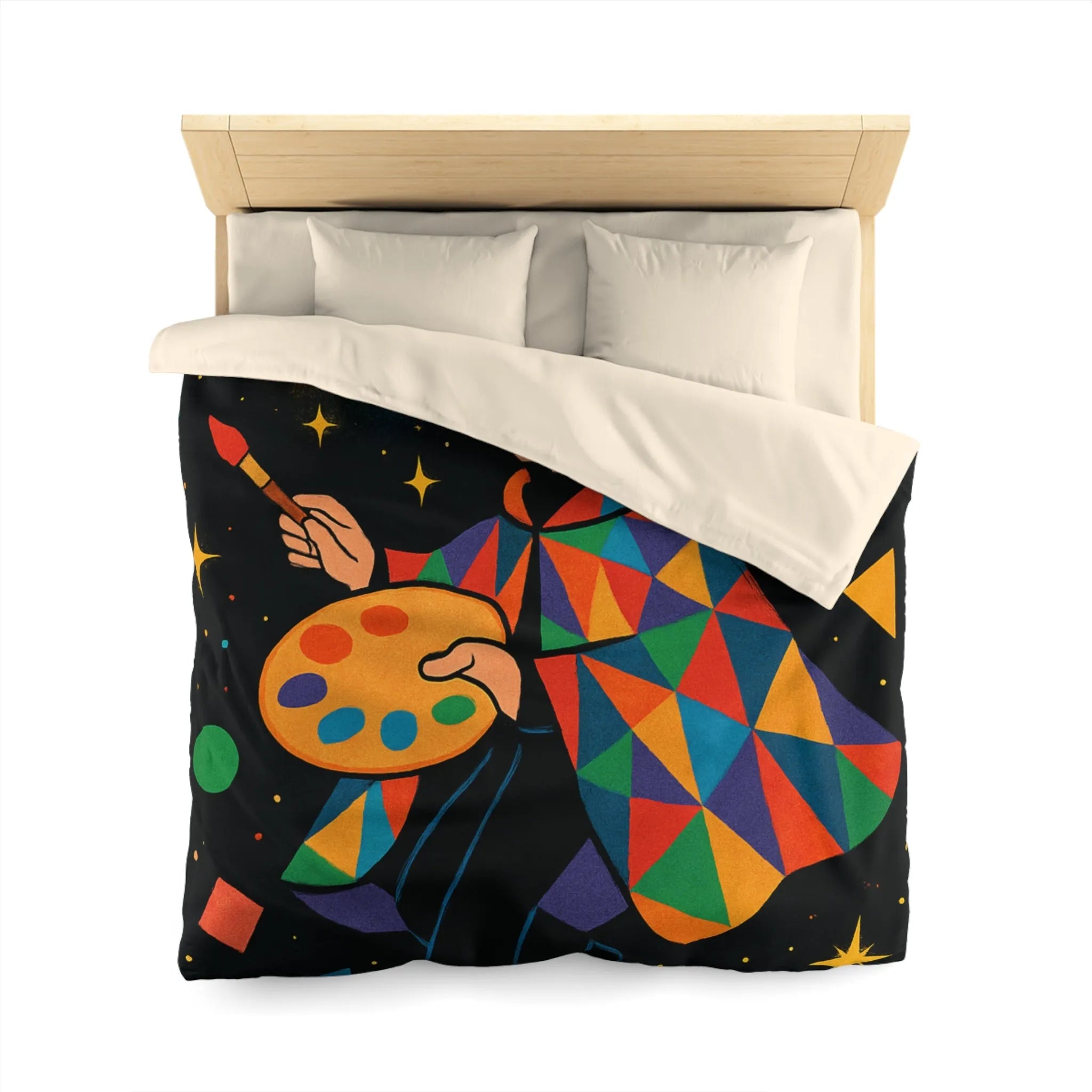 Housse de couette artiste colorée avec motifs géométriques et ciel étoilé magique