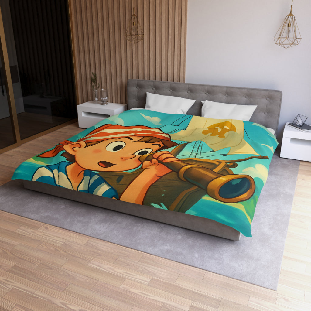 Housse de Couette Pirate Enfantine avec Bateau et Jumelles pour Chambre Aventure