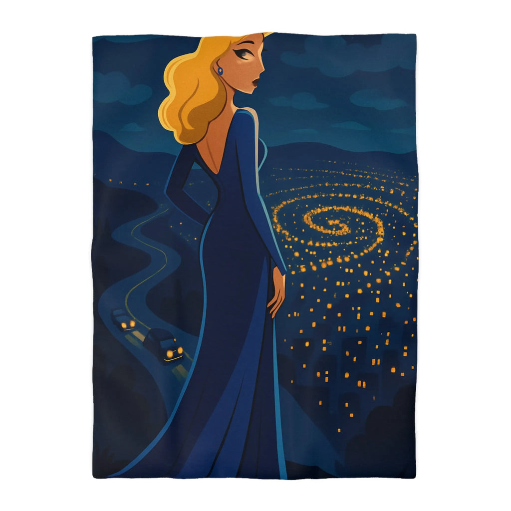 Élégante femme blonde contemplant un paysage nocturne étoilé en robe bleue longue