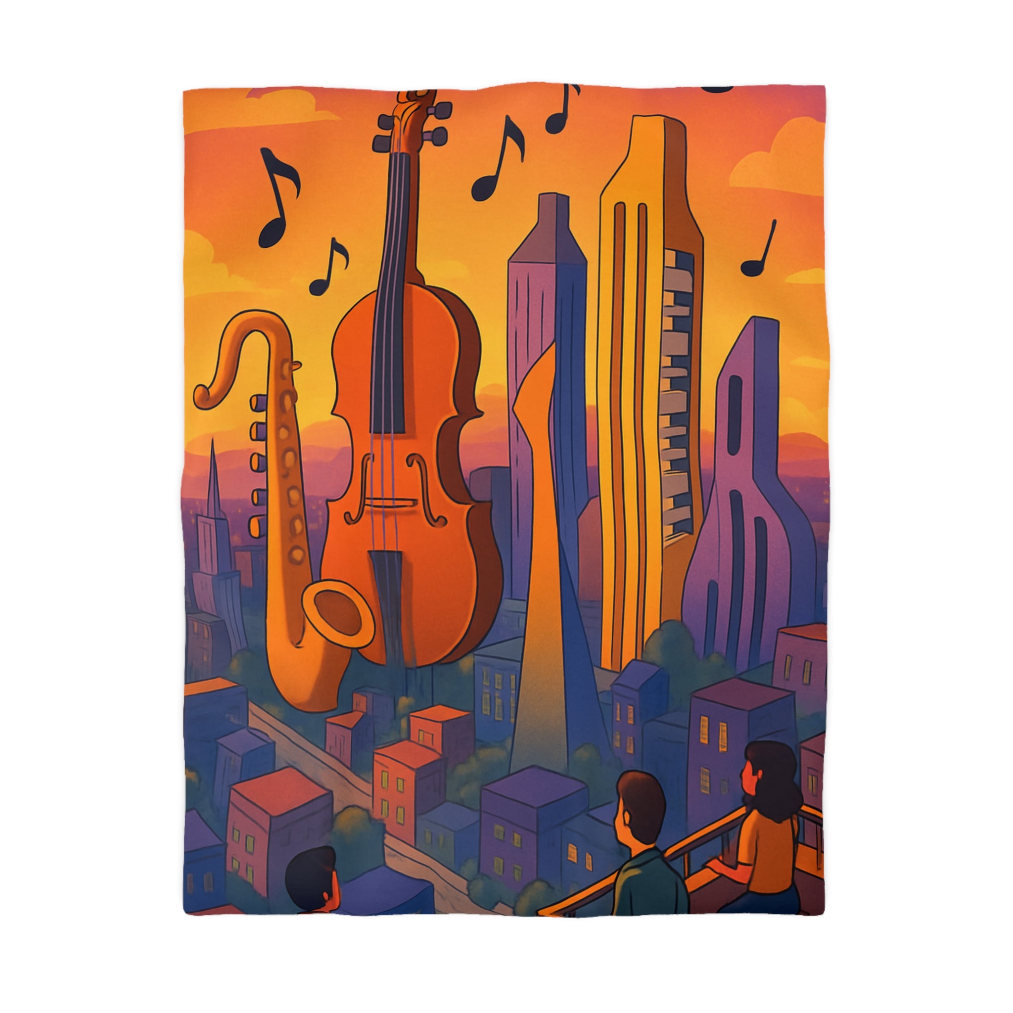 Housse de couette urbaine avec des instruments géants flottant au coucher de soleil vibrant