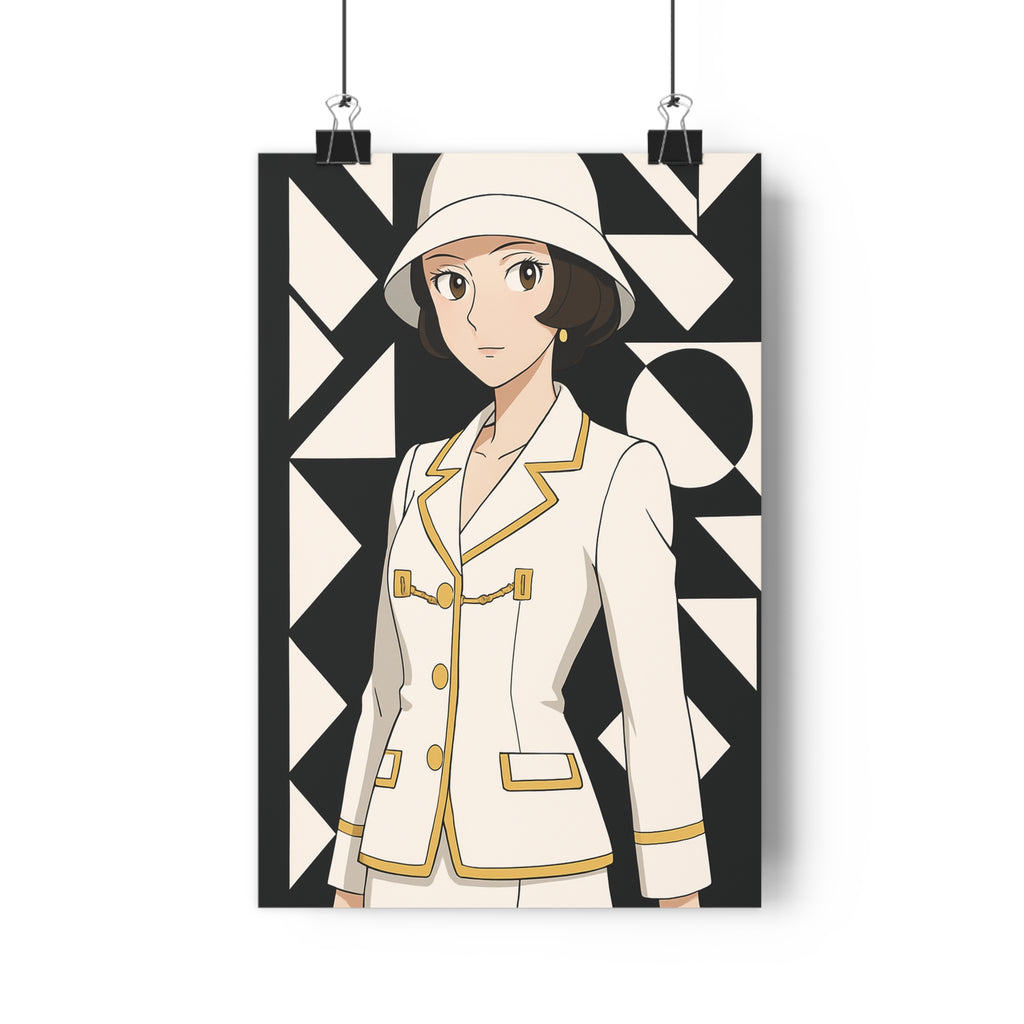 Poster décoratif anime femme moderne élégance blanche dorée géométrique salon chambre contemporaine sophistiquée qualité