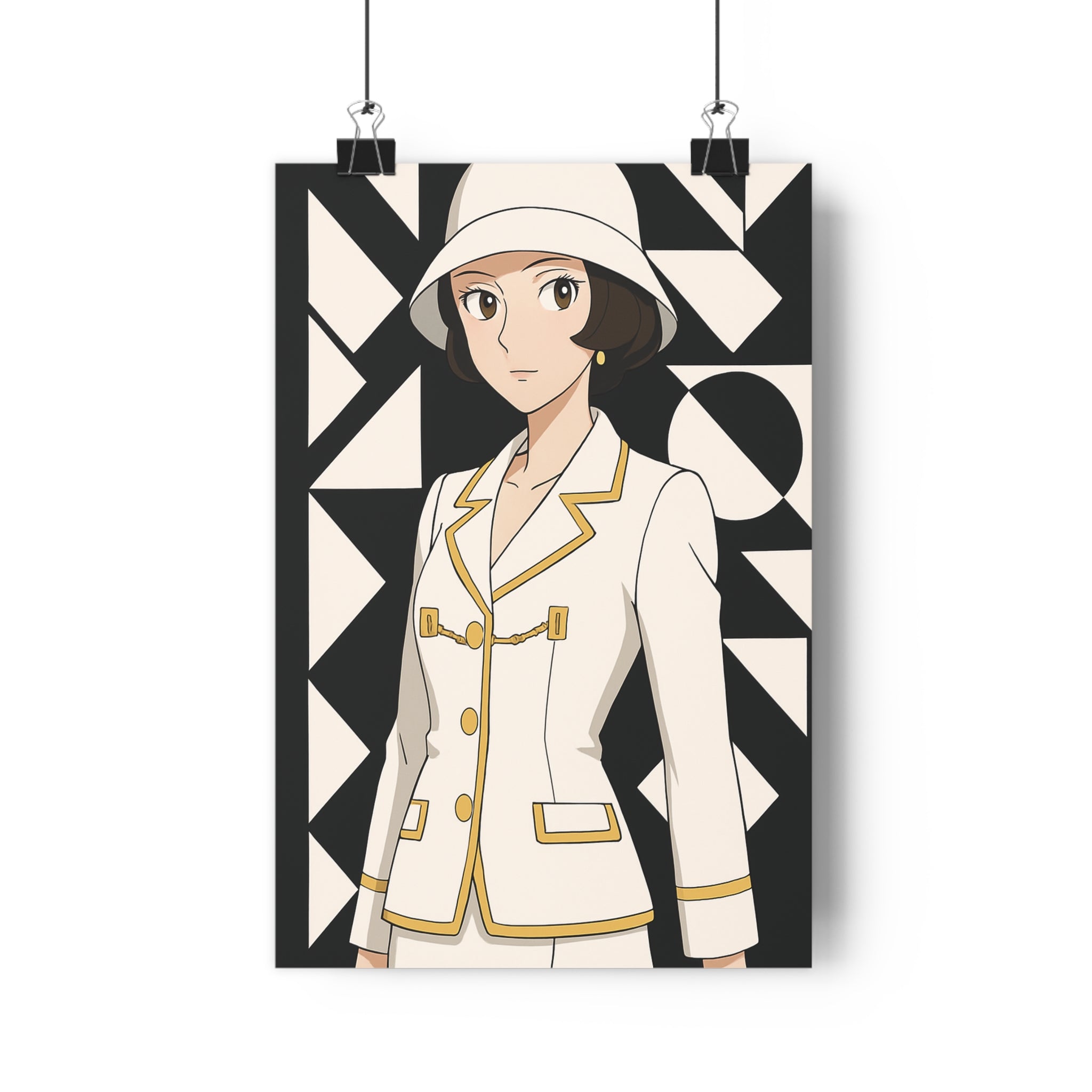 Poster décoratif anime femme moderne élégance blanche dorée géométrique salon chambre contemporaine sophistiquée qualité