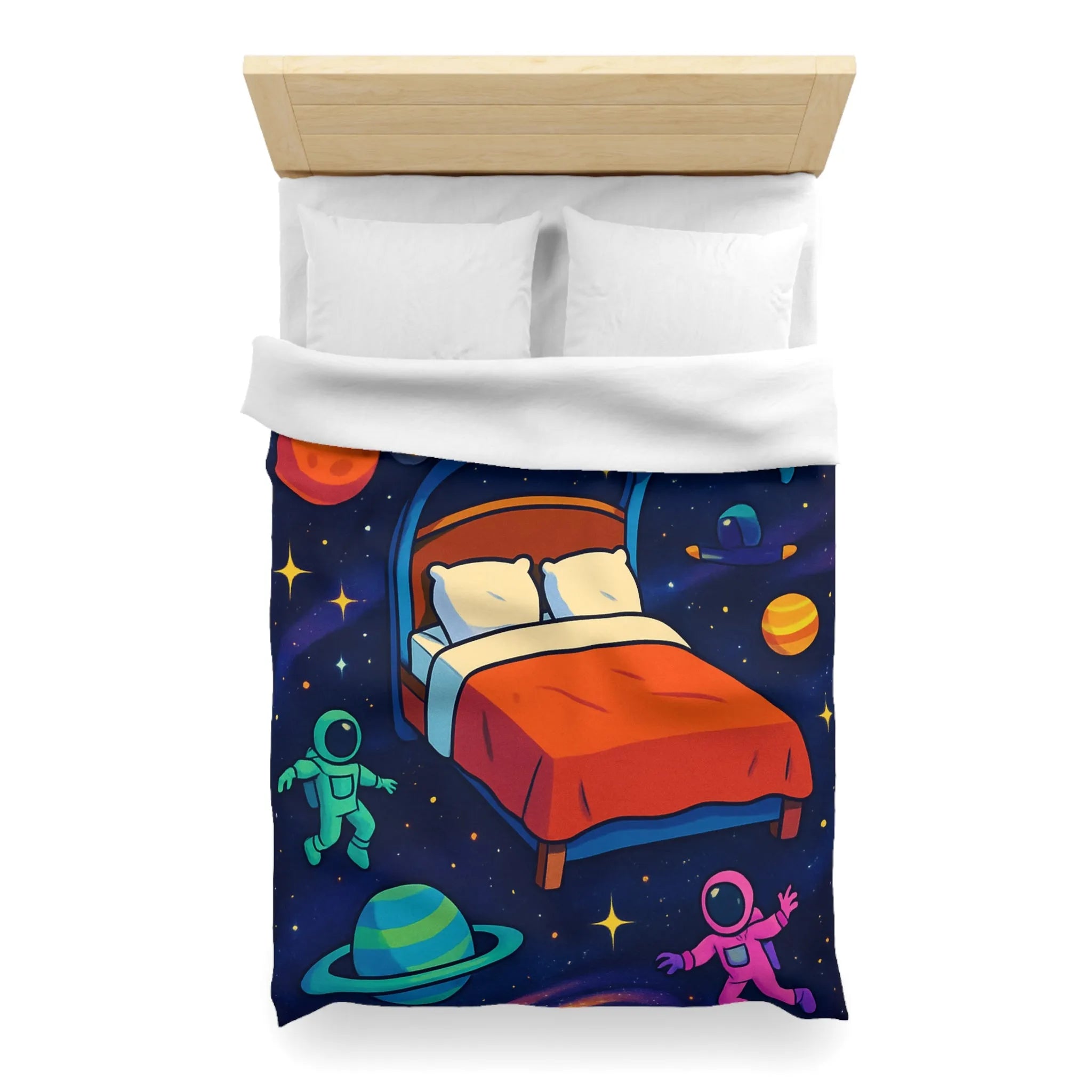 Housse de couette galaxies vibrantes avec astronautes flottants et planètes colorées pour enfants