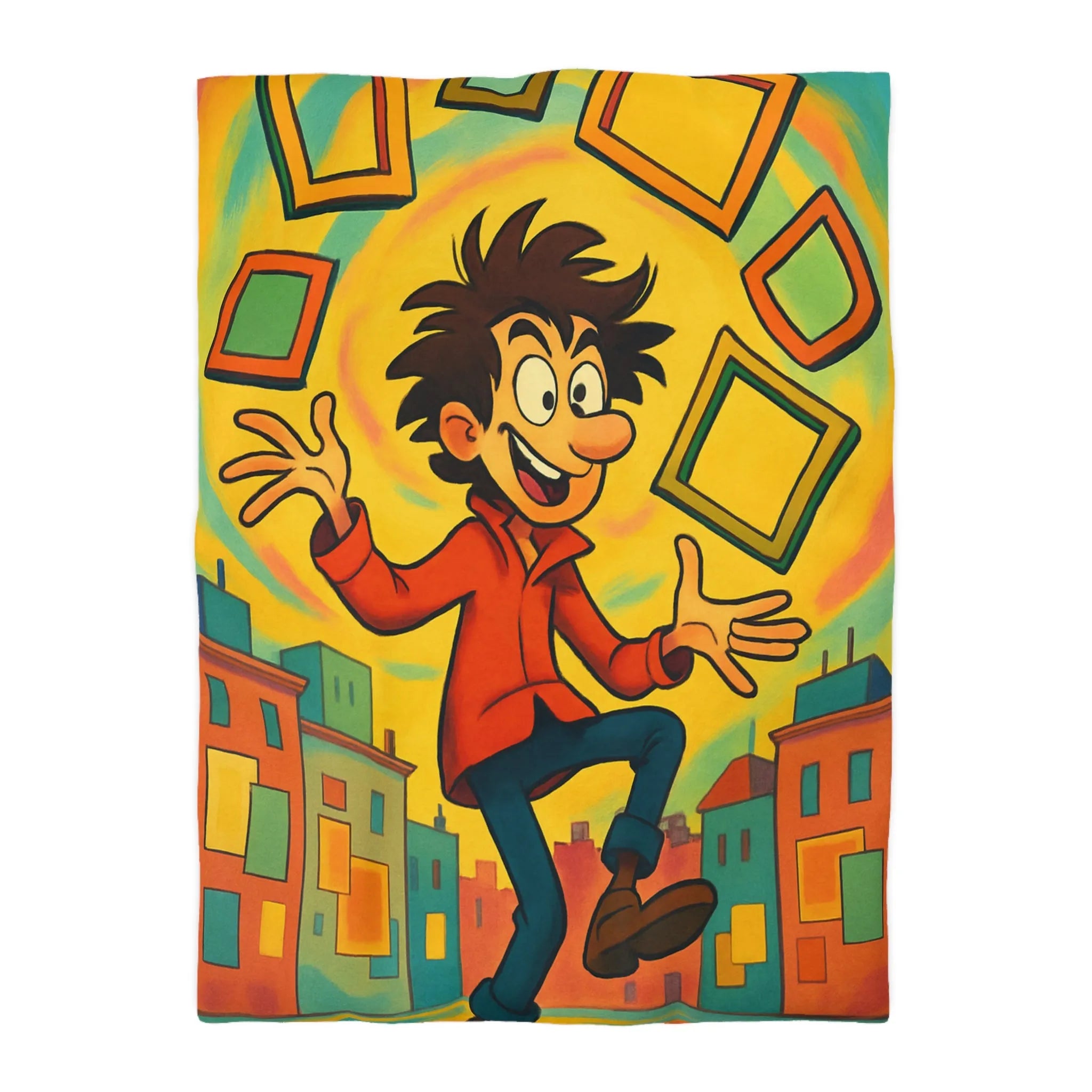 Housse de Couette Dynamique avec Illustration d'Énergie Vibrante et Cadres Géométriques Colorés