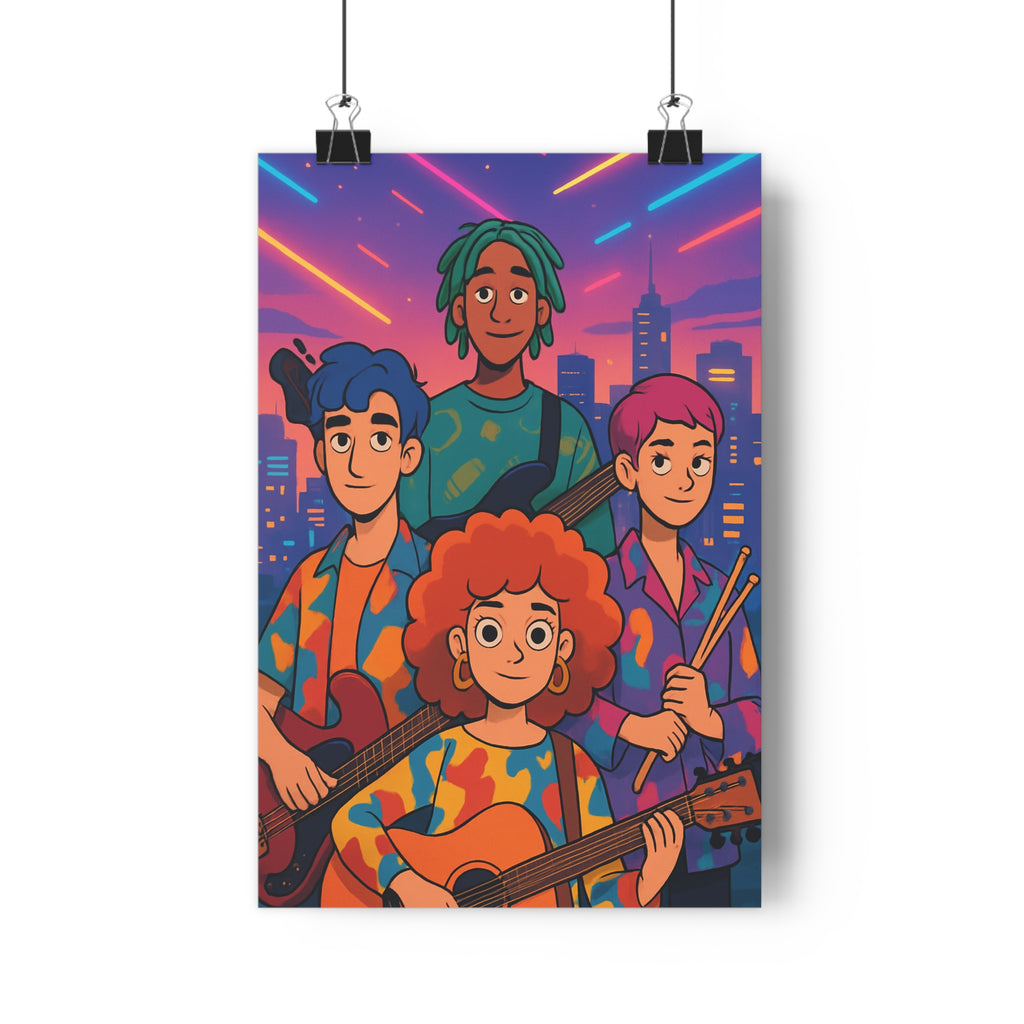 Poster décoratif cartoon néon jeunes rêveurs joyeux dynamique chambre enfant musique couleurs vibrantes guitare