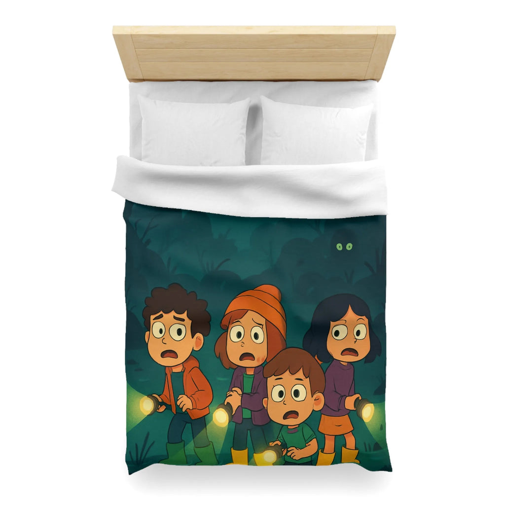 Housse de couette illustrée avec enfants explorant forêt mystérieuse par nuit de pleine lune