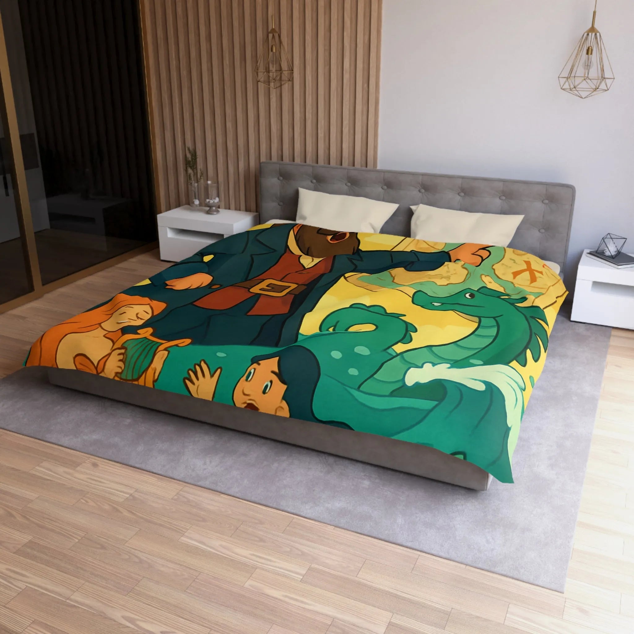 Housse de couette illustrée pirate avec carte, sirènes et monstre marin ludique