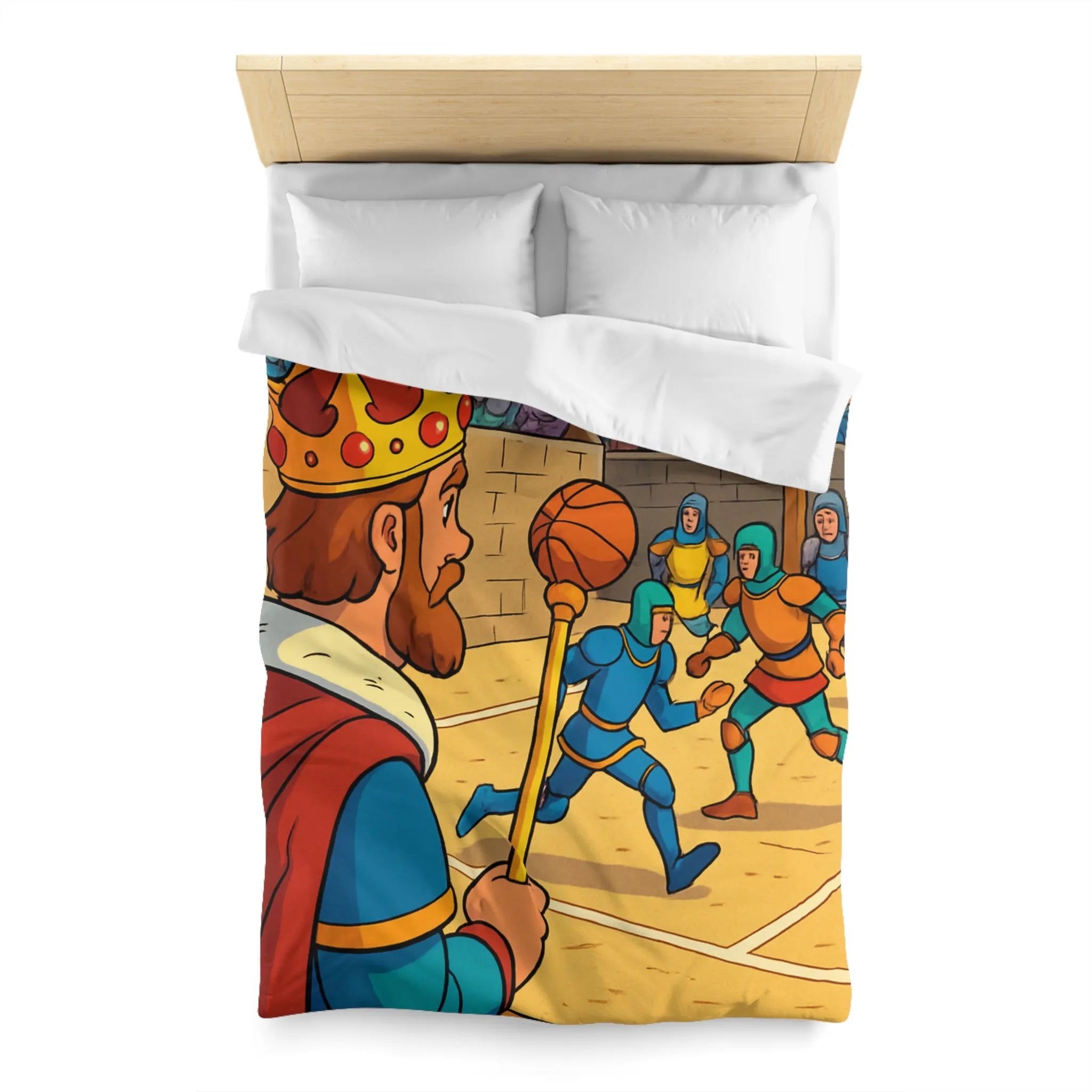 Housse de couette médiévale originale avec chevaliers jouant au basket dans un château