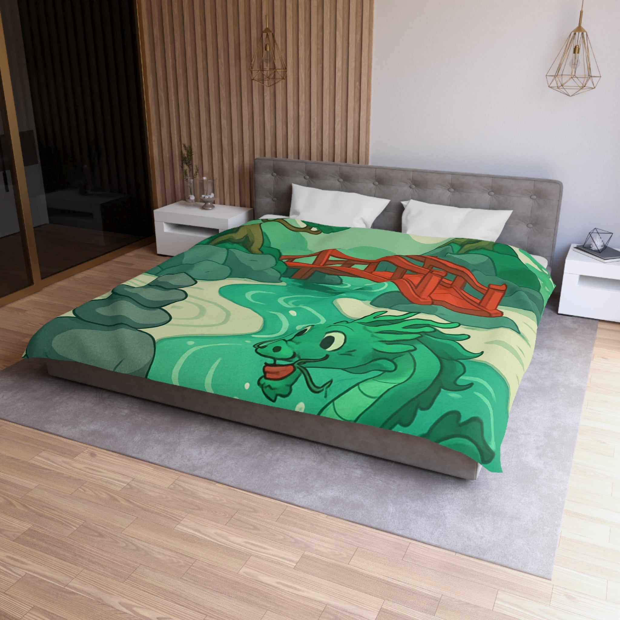 Magnifique housse de couette dragon vert dans jardin zen avec pont rouge