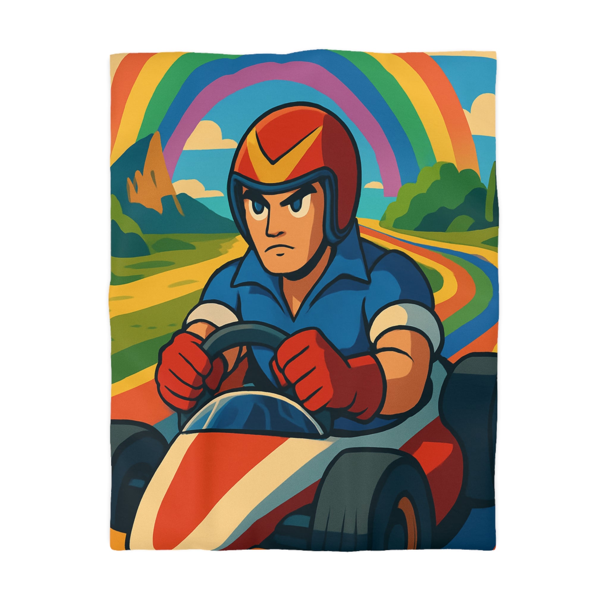 Housse de couette rétro colorée avec pilote de karting sous un arc-en-ciel vibrant