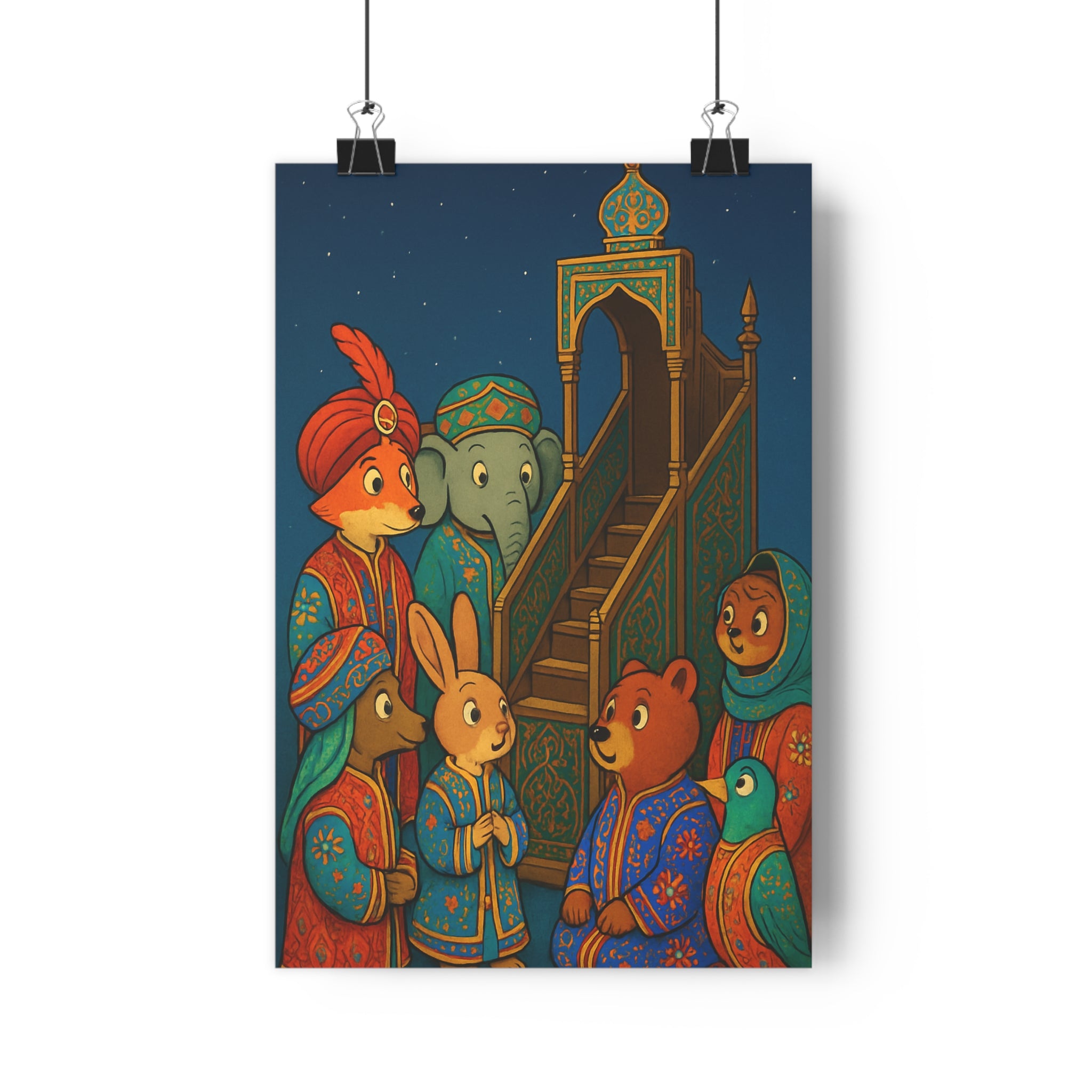 Poster décoratif animaux colorés vibrant joyeux bleu rouge or cartoon chambre salon enfant qualité