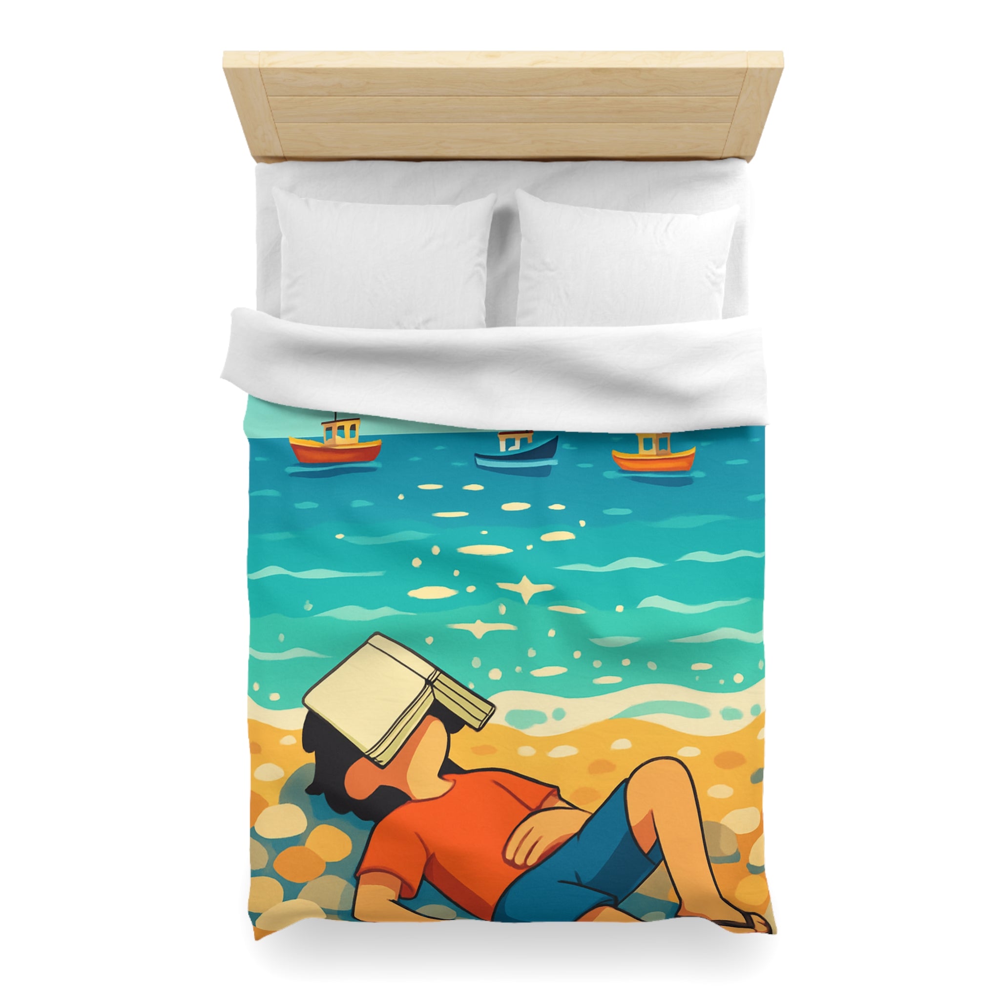 Housse de couette plage relaxante avec enfant, livre et mouettes en été ensoleillé