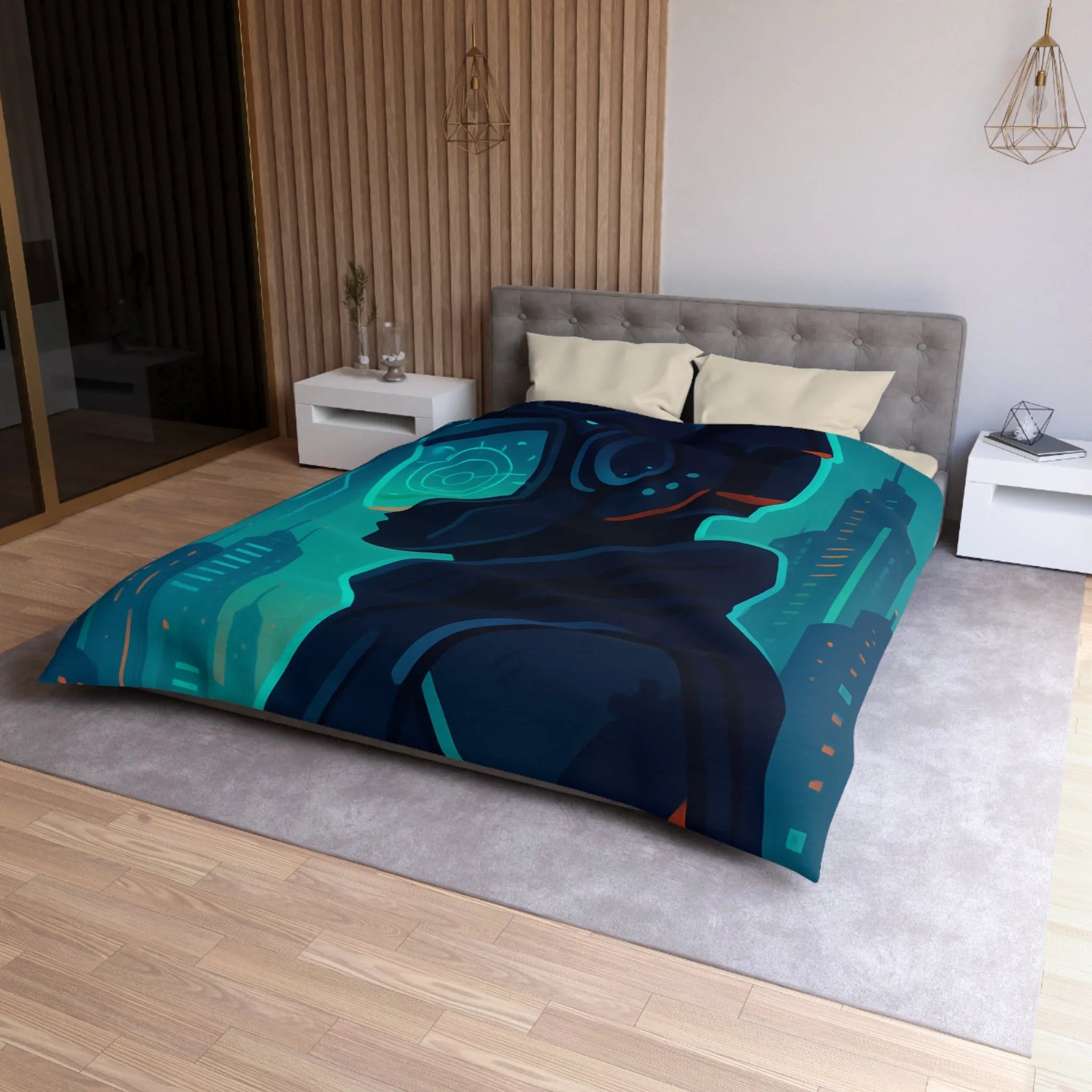 Housse de couette futuriste avec casque de réalité virtuelle et gratte-ciels lumineux