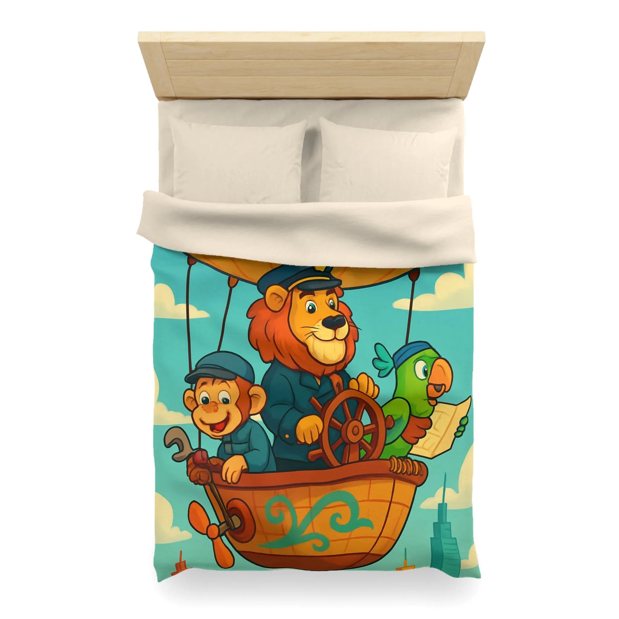 Housse de couette enfant avec montgolfière lion, singe, perroquet colorée et joyeuse