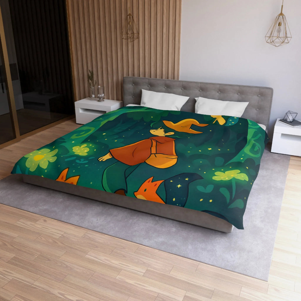 Housse de Couette Forêt Enchantée Enfants Renards Orange Jaune Vert Fantaisie Nuit