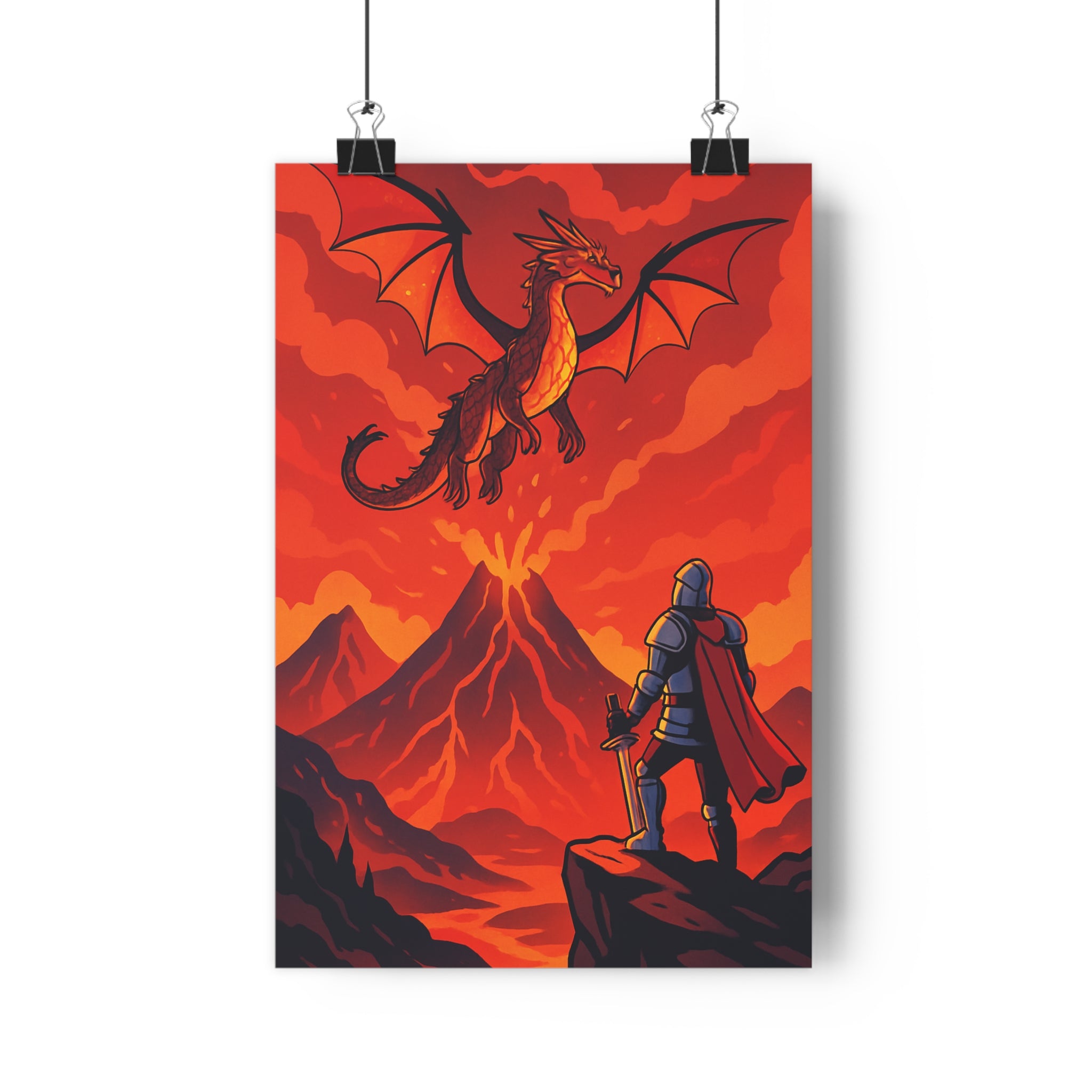 Poster décoratif dessin animé rouge orange dragon volcan chevalier épique mythologique chambre bureau 30x46