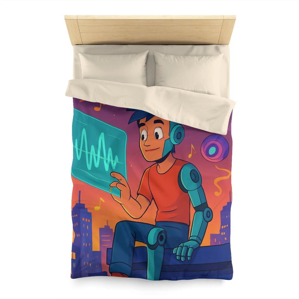 Housse de couette illustrée avec robot et skyline de nuit vibrante et colorée