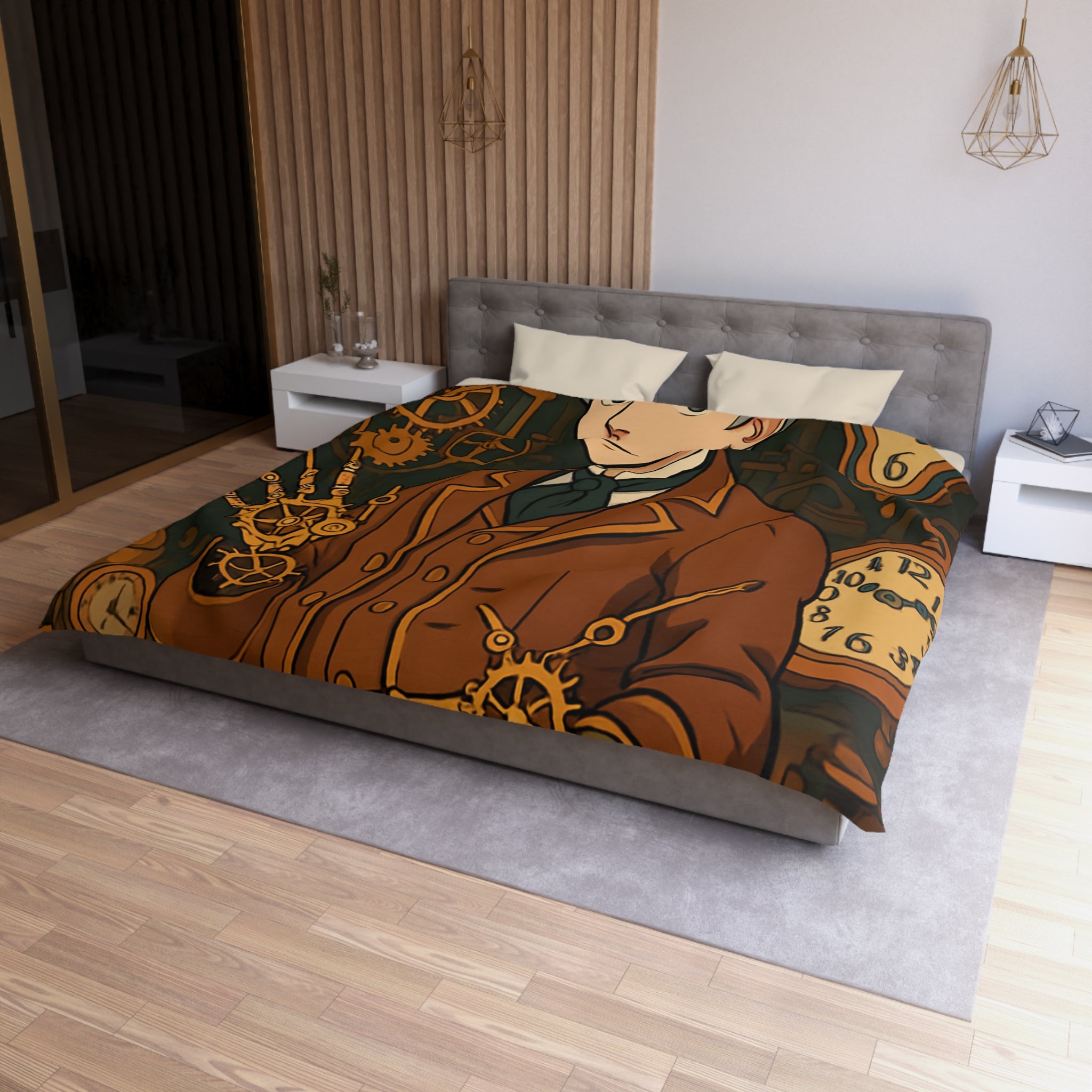 Housse de couette steampunk avec horloges et personnage stylé en tenue victorienne