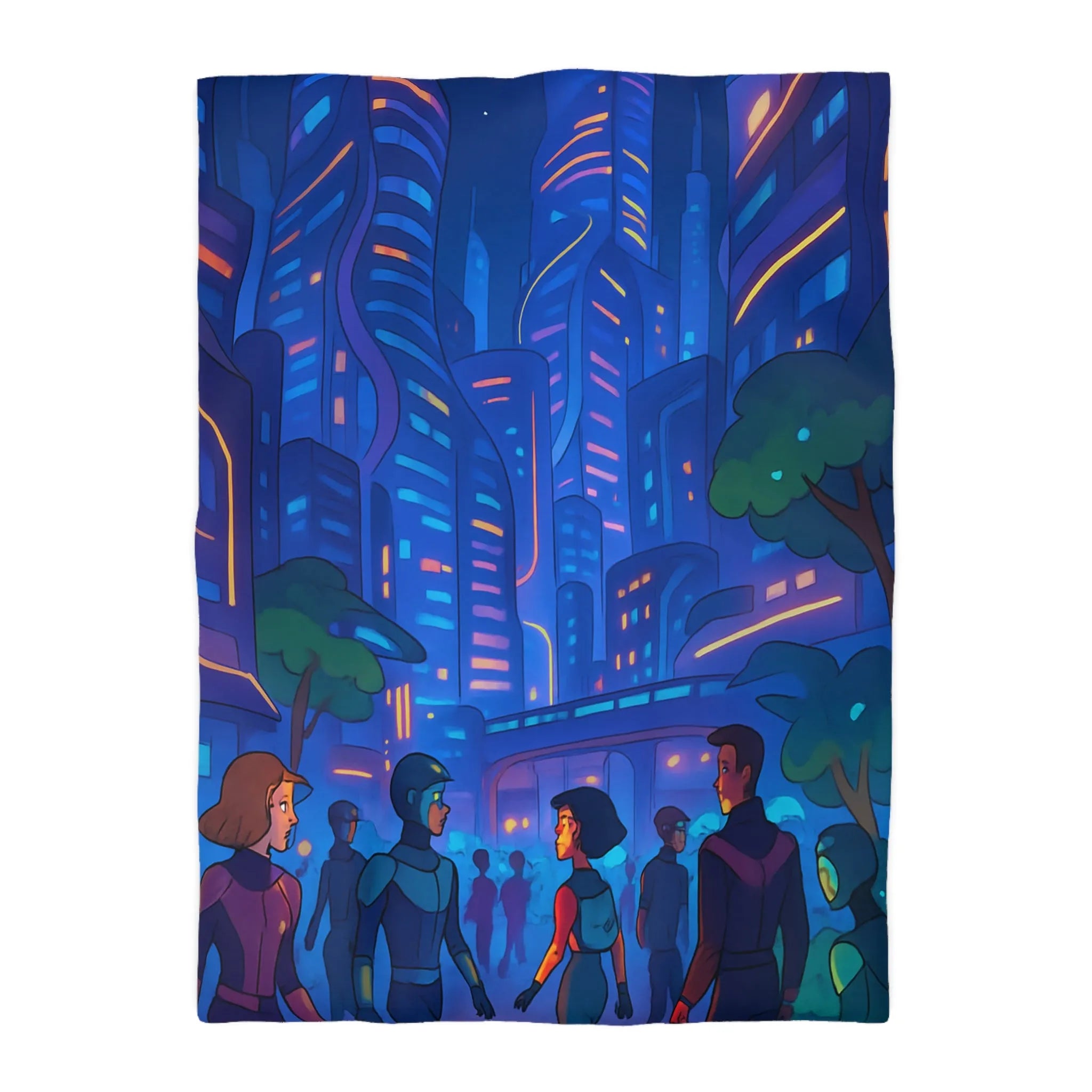 Housse de couette futuriste urbaine pour chambre moderne avec gratte-ciels illuminés la nuit