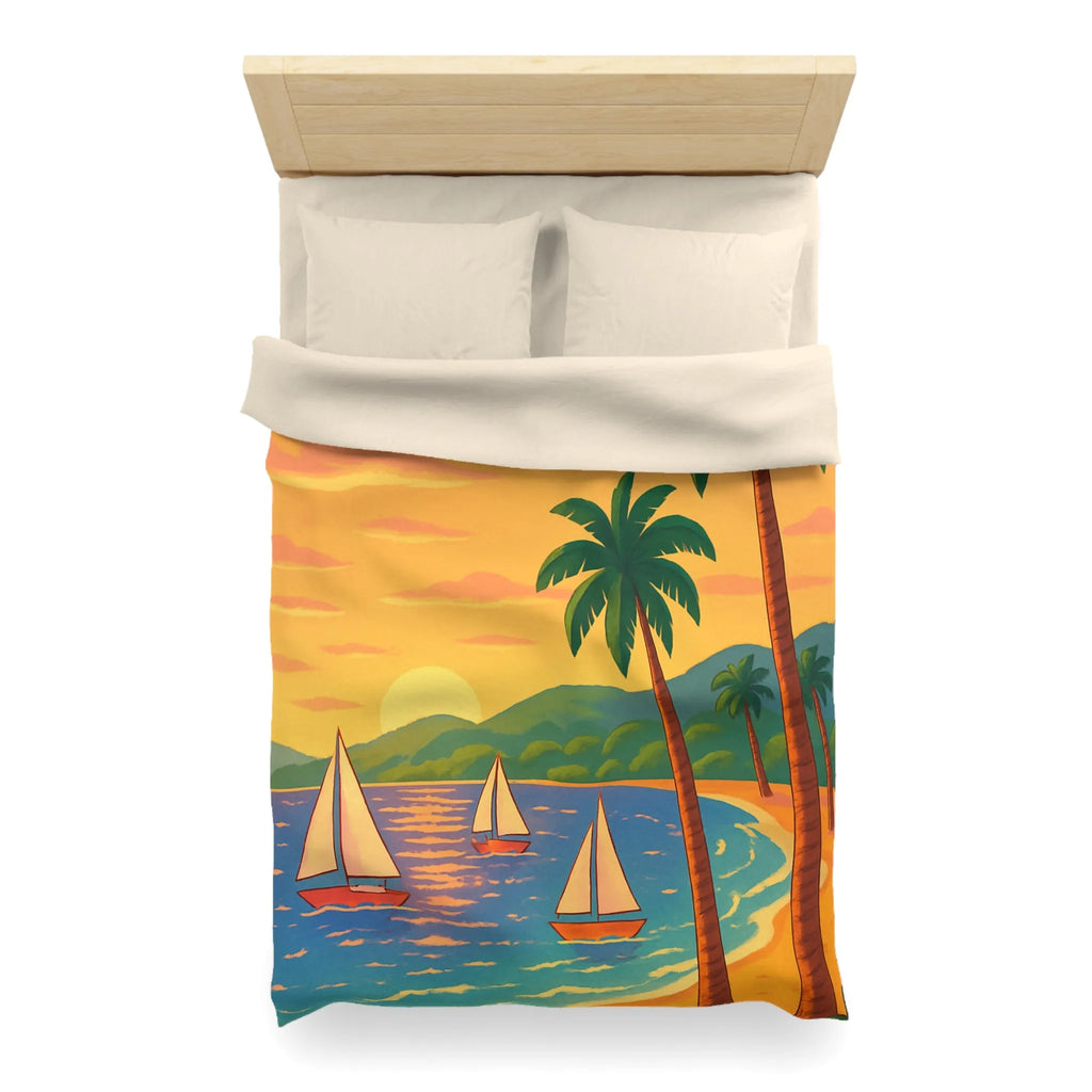 Housse de couette avec motif tropical, plage, palmiers et voiliers au coucher de soleil
