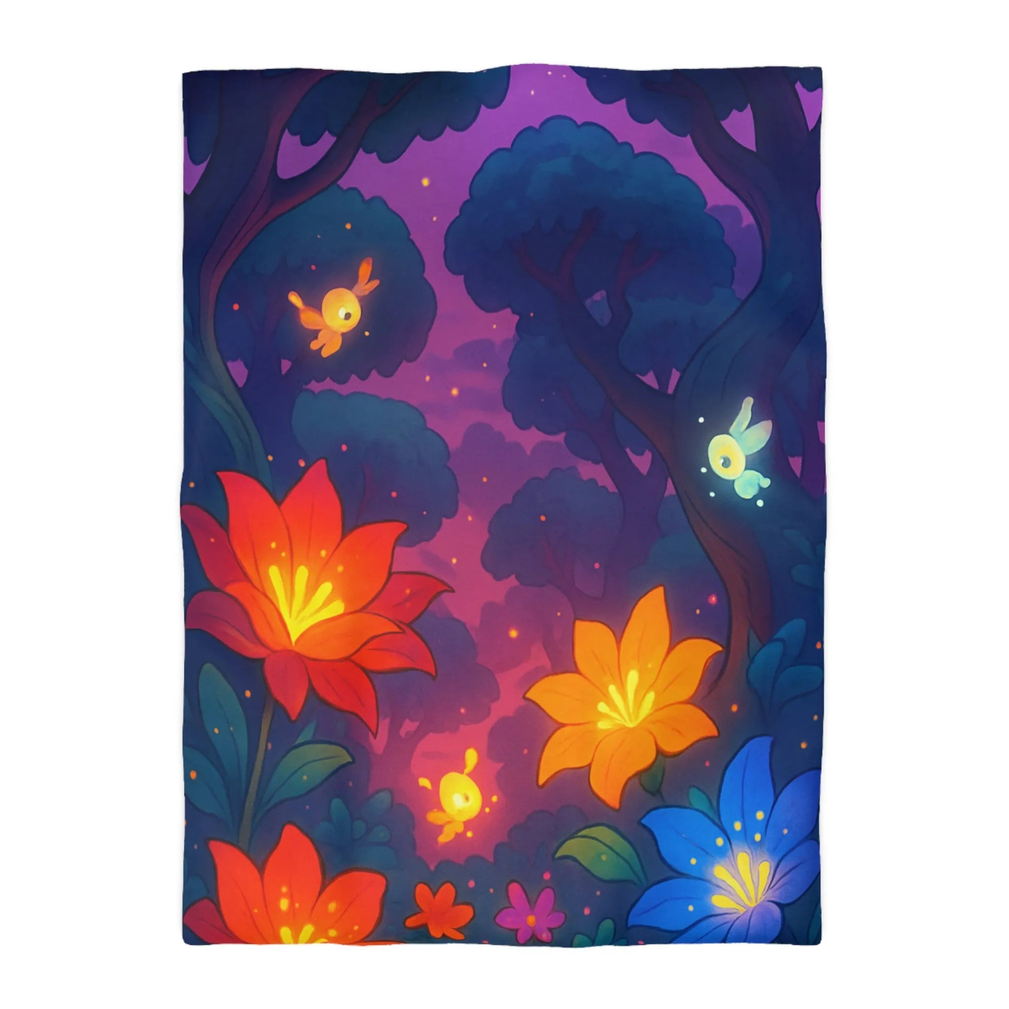 Housse de Couette avec Fleurs Lumineuses et Paysage Enchanté de Forêt Magique Nocturne