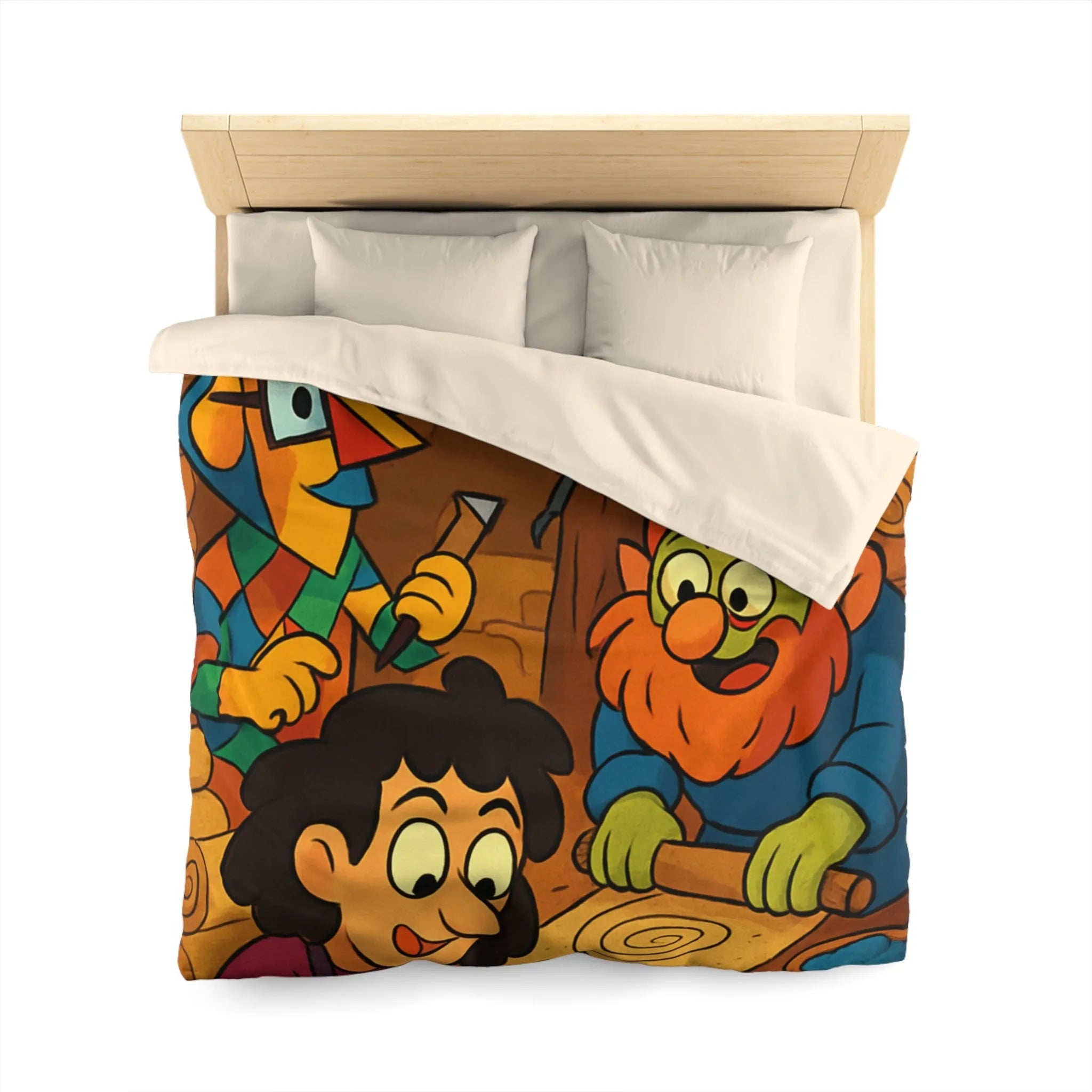 Housse de couette illustrée ambiance atelier fantasy avec gnomes et textures chaleureuses colorées